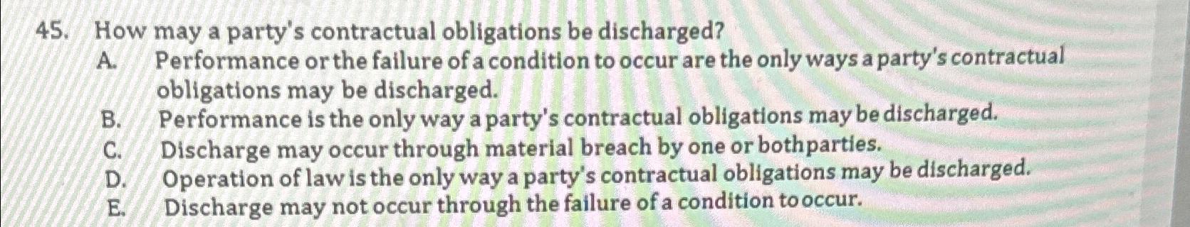  How may a party's contractual obligations be discharged? A. Performance or