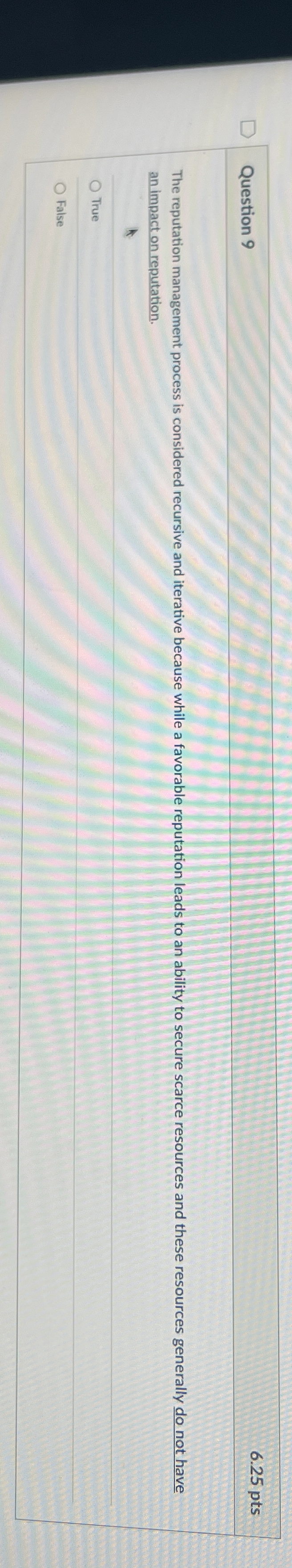  Question 9 6.25 pts The reputation management process is considered recursive