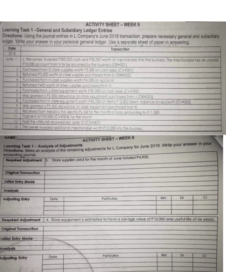 ACTIVITY SHEET - WEEK 5 Learning Task 1 -General and Subsidiary