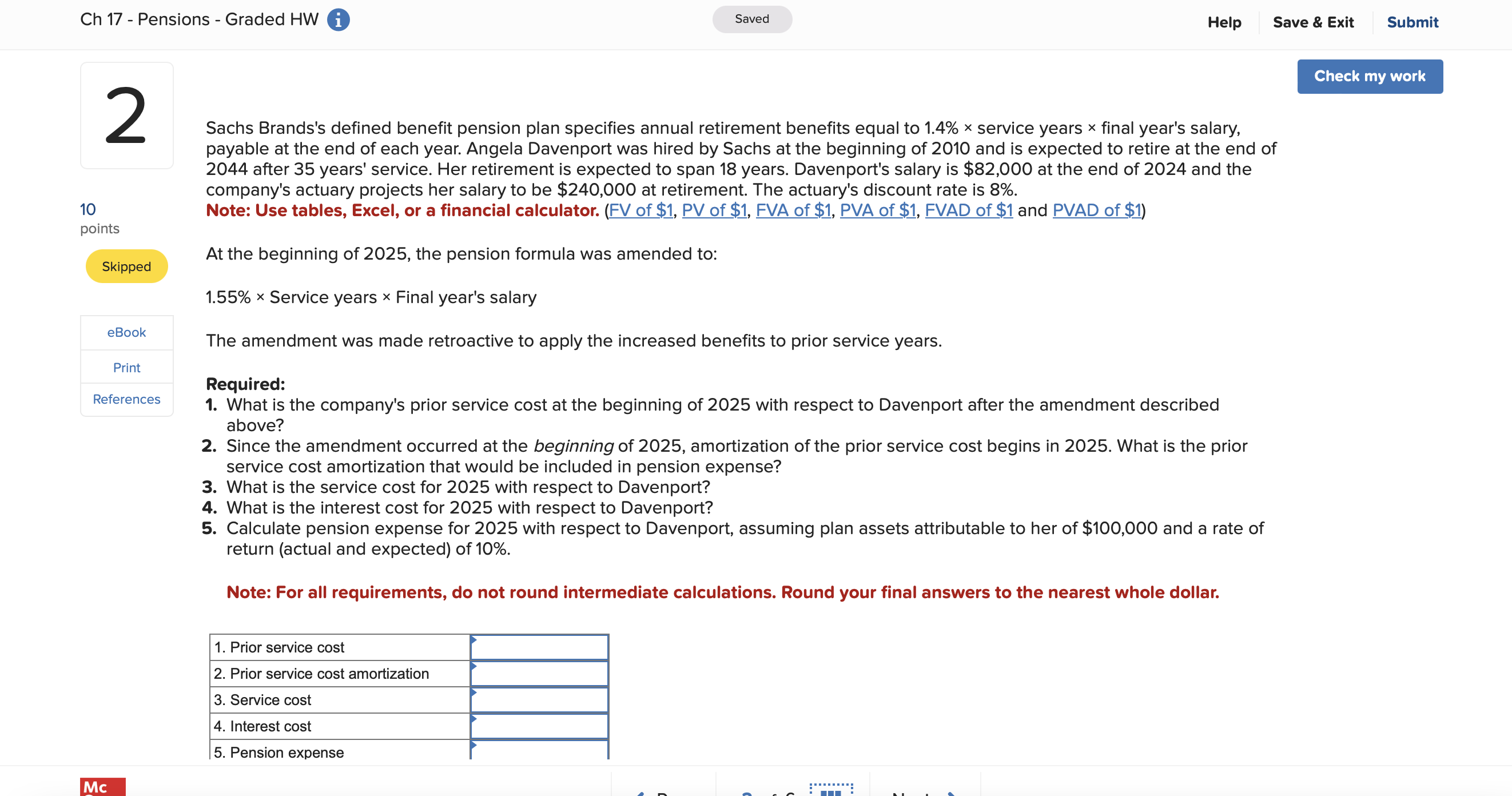 Ch 17 - Pensions - Graded HW i Saved Help Save