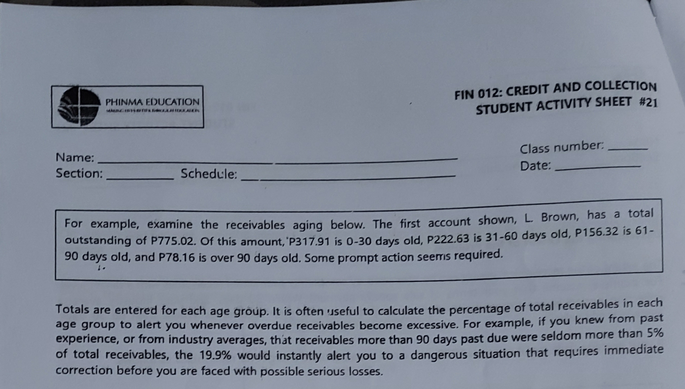 012: CREDIT AND COLLECTION STUDENT ACTIVITY SHEET #21 Name: Class number. Section: