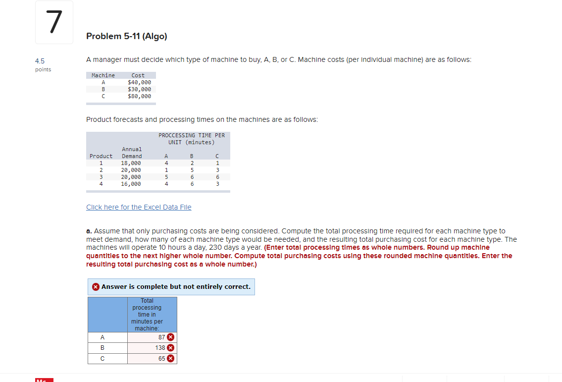  Problem 5-11(Algo) 4.5 A manager must decide which type of machine