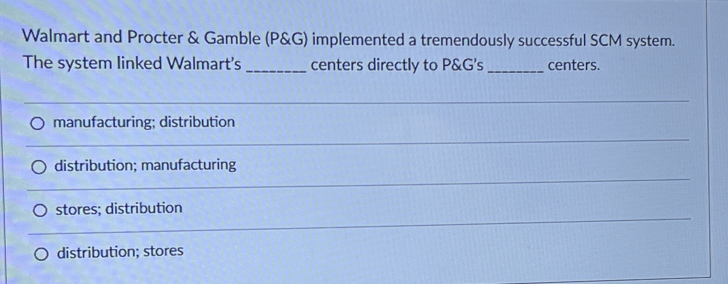  Walmart and Procter & Gamble (P&G) implemented a tremendously successful SCM