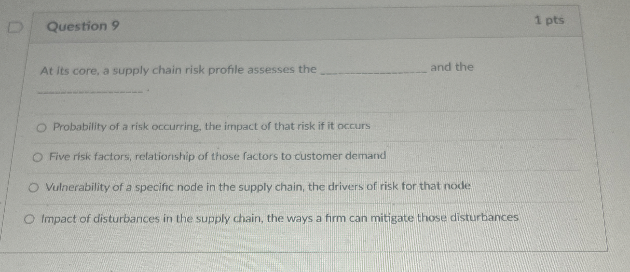  Question 9 1 pts At its core, a supply chain risk
