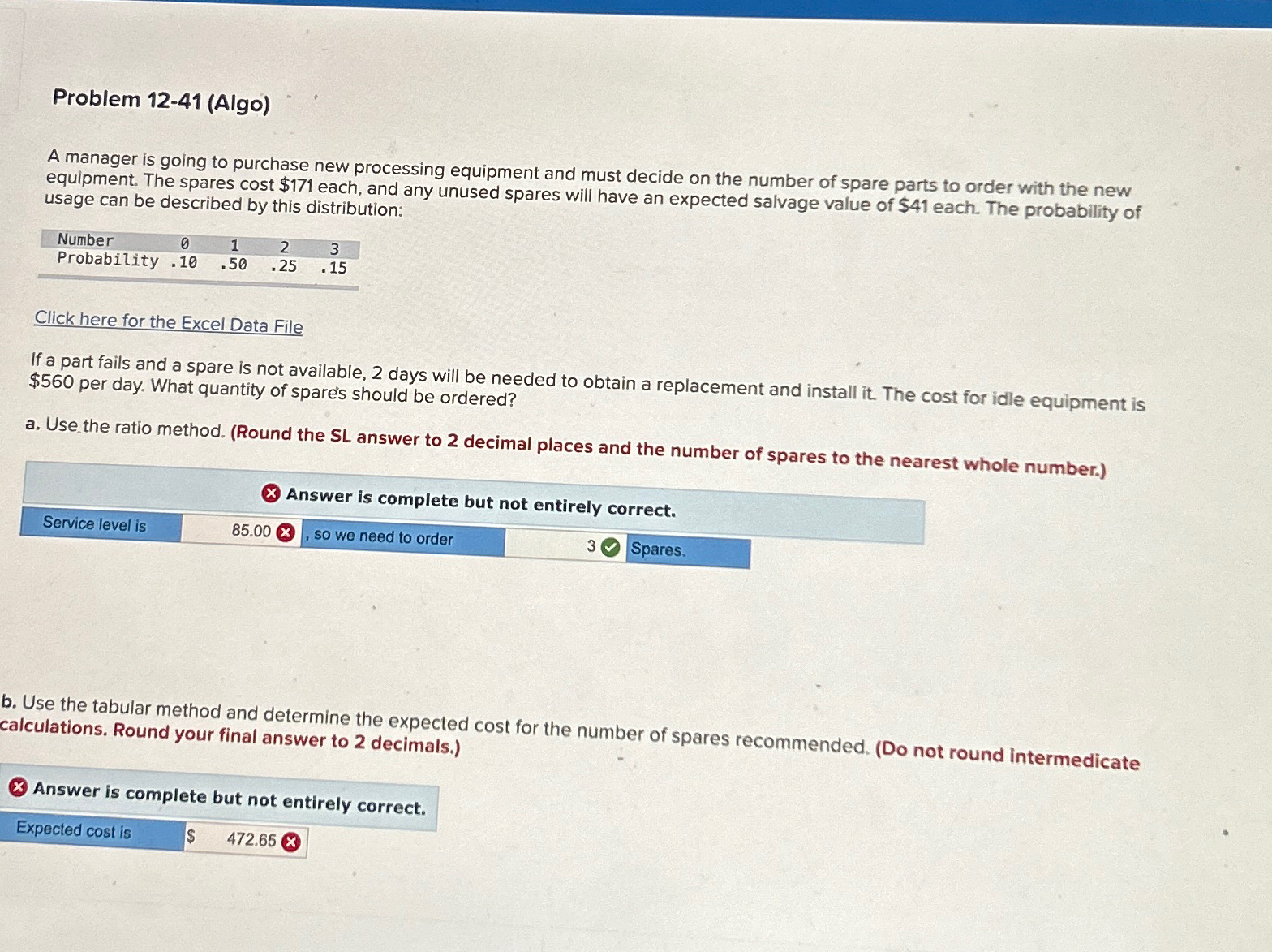  Problem 12-41(Algo) A manager is going to purchase new processing equipment