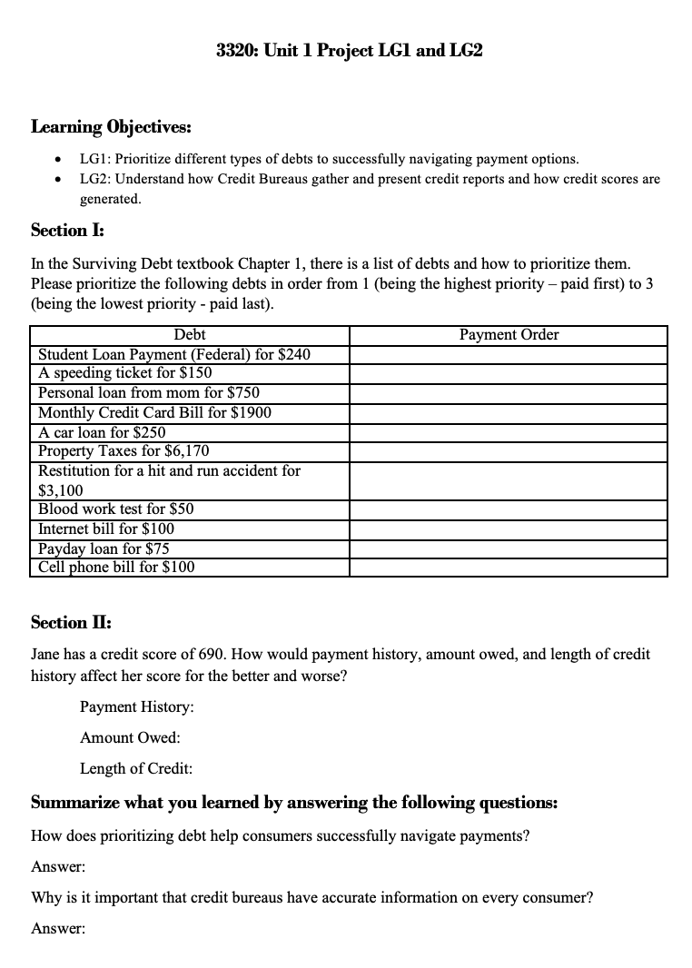 3320: Unit 1 Project LG1 and LG2 Learning Objectives: e LGI: