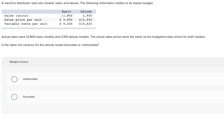  A machine distributor sells two models, basic and deluxe. The following