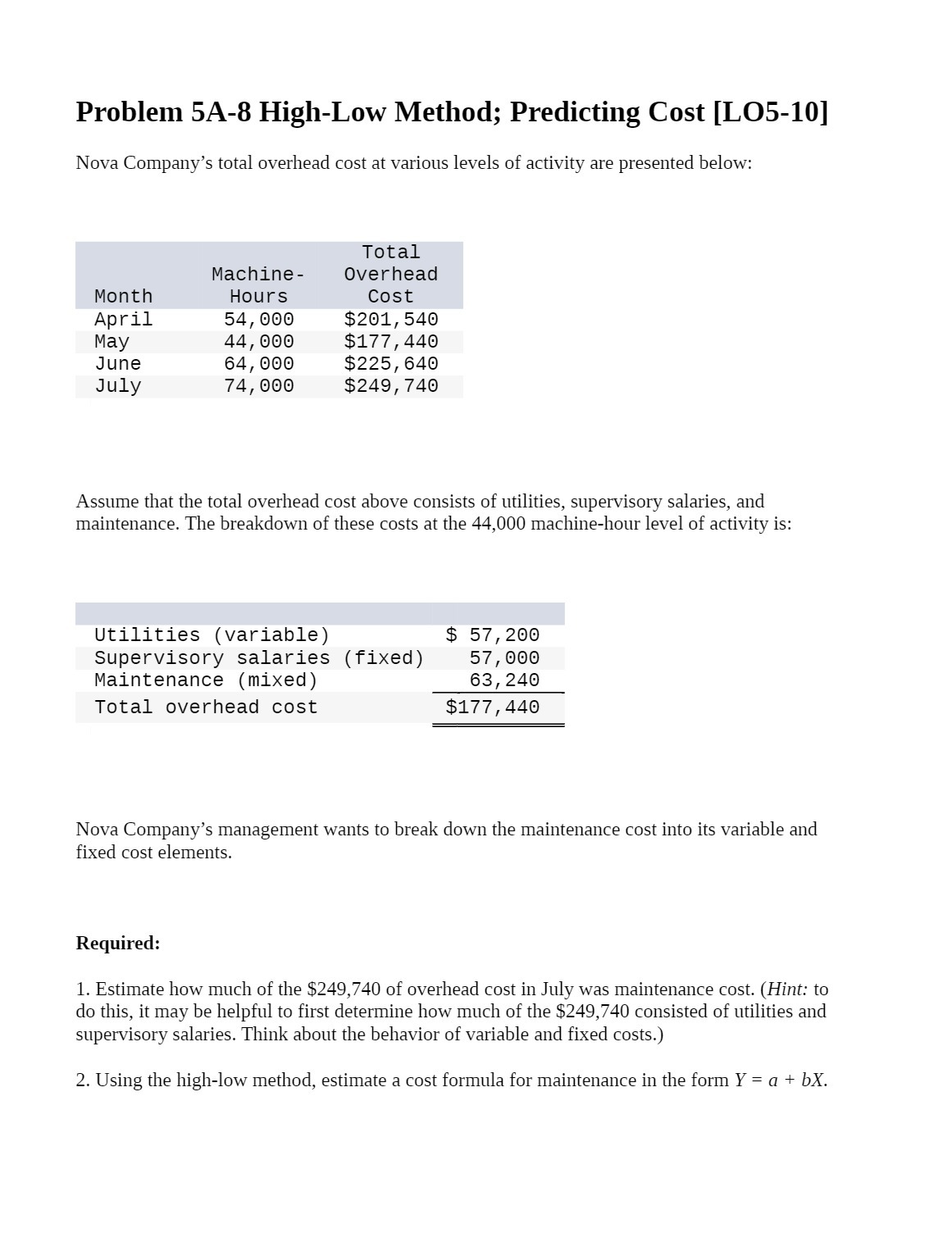  Problem 5A-8 High-Low Method; Predicting Cost [L05-10] Nova Company's total overhead