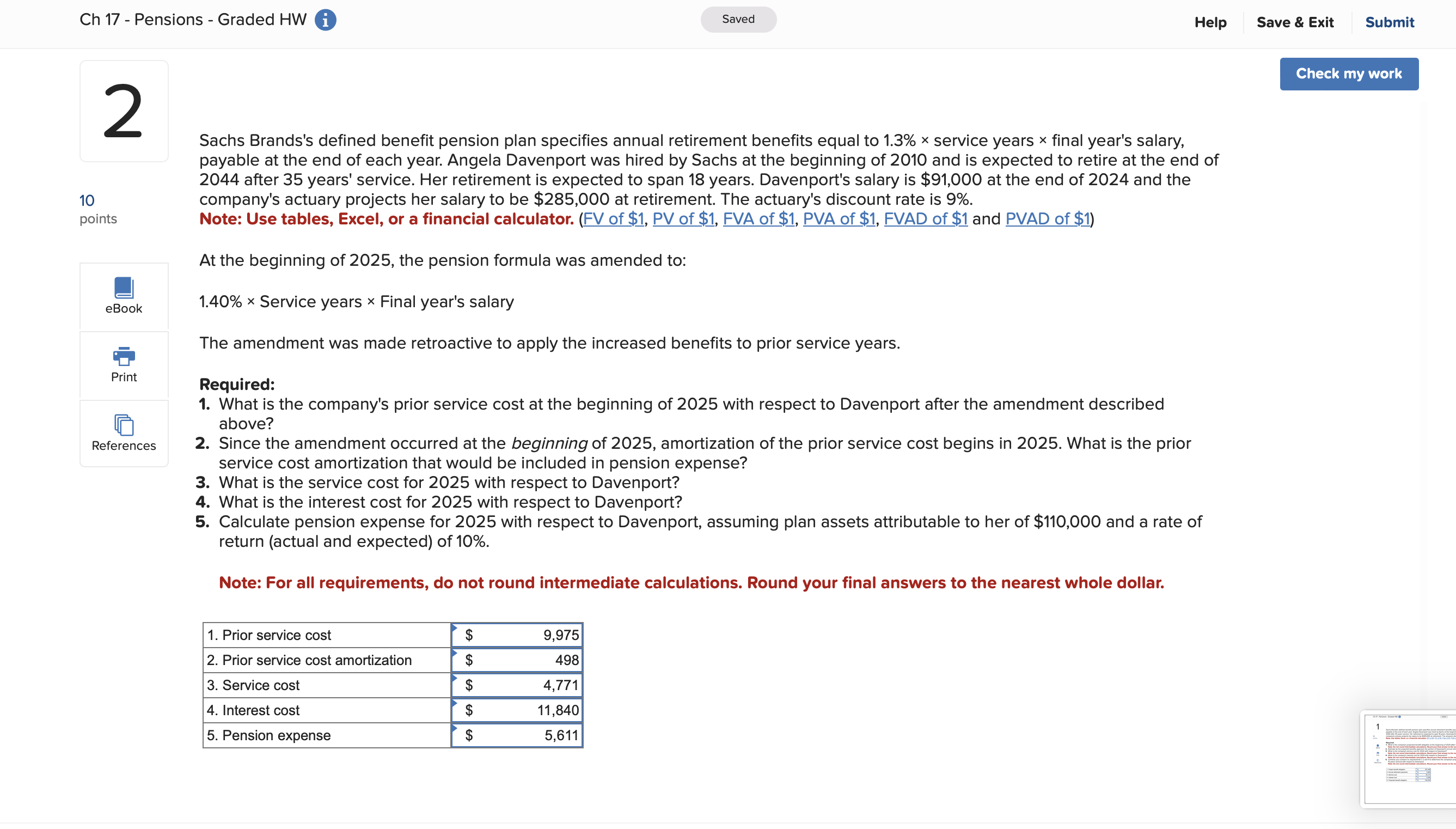 Help Save & Exit Submit Check my work Sachs Brands's defined benefit