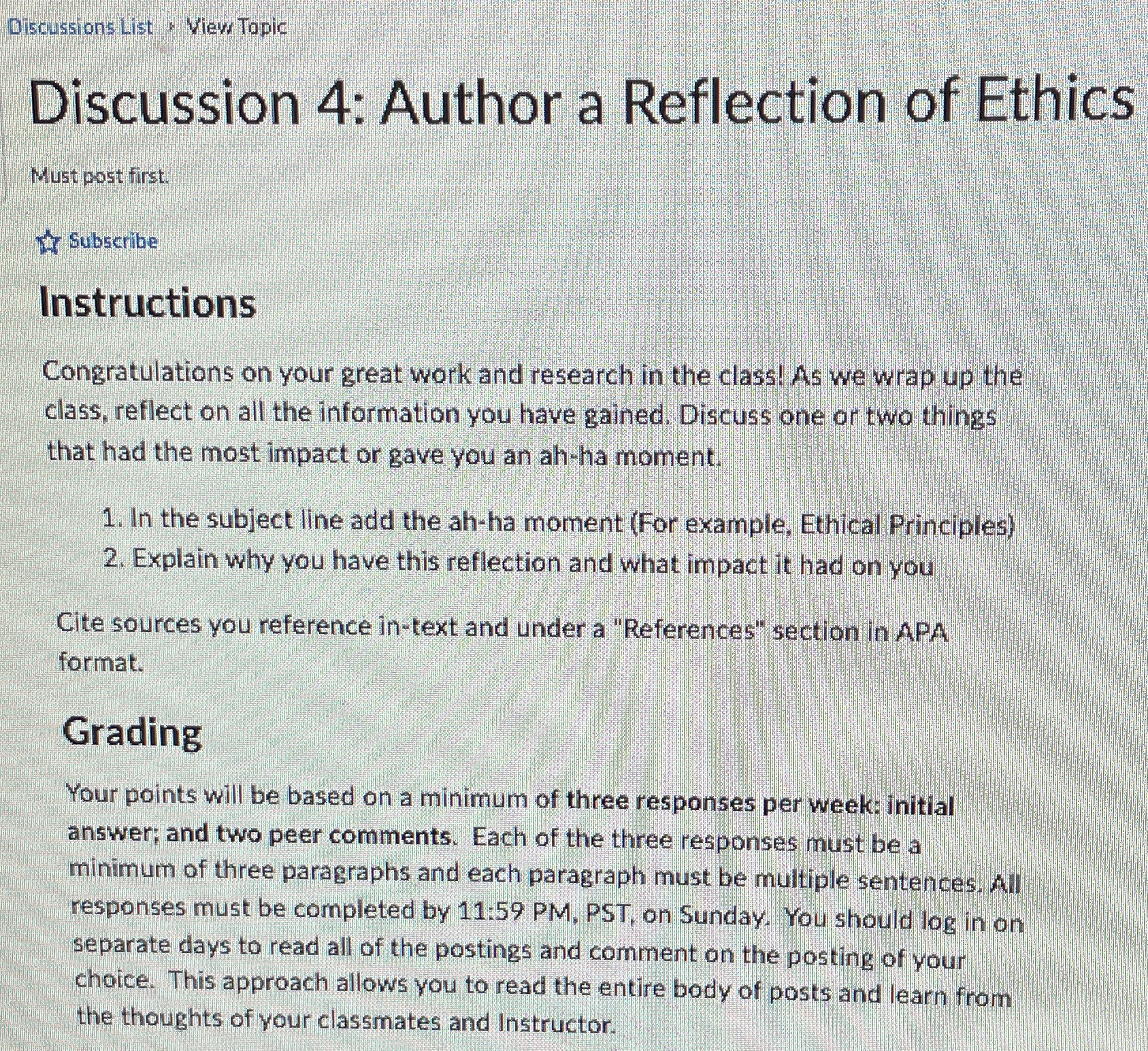  Discussions List * View Topic Discussion 4: Author a Reflection of