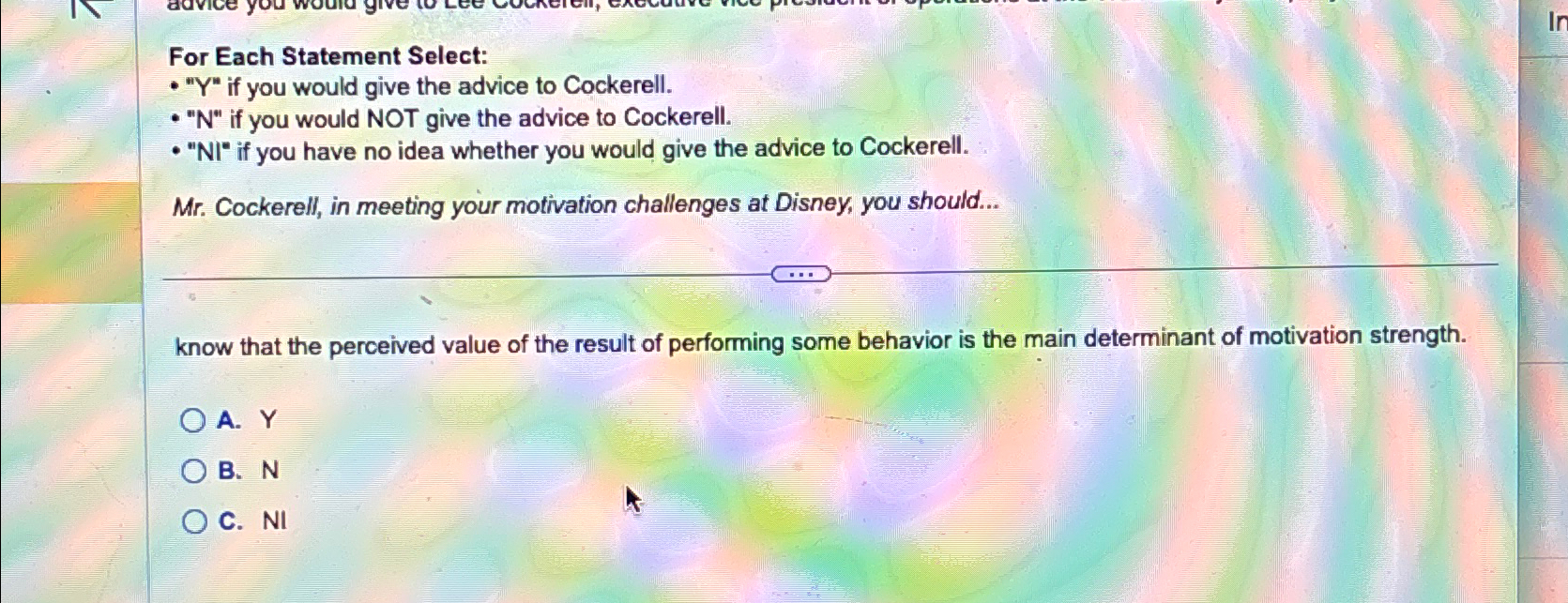  For Each Statement Select: "Y" if you would give the advice