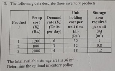  The following data describe three inventory products: \table[[\table[[Product],[i 