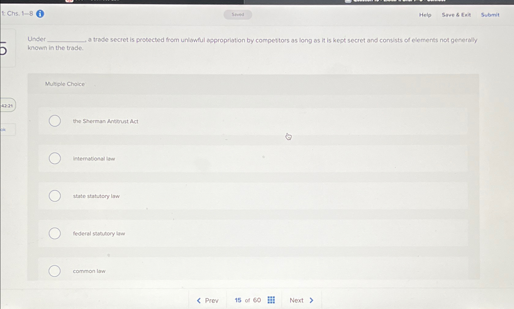  1: Chs.1-8(i) Help Save & Exit Submit Under a trade secret