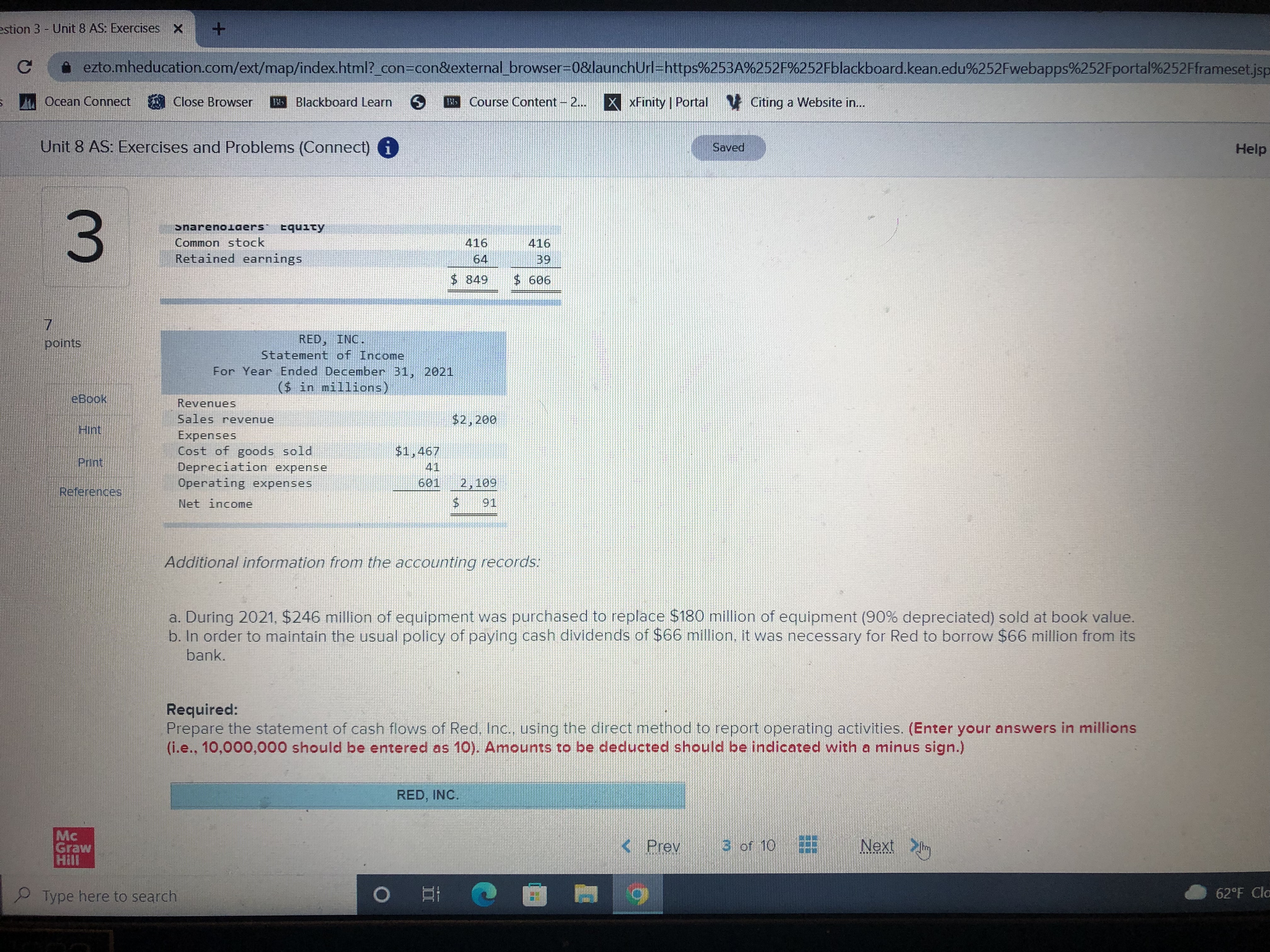AS: Exercises and Problems (Connect) i Saved 3 Statement of Cash Flows