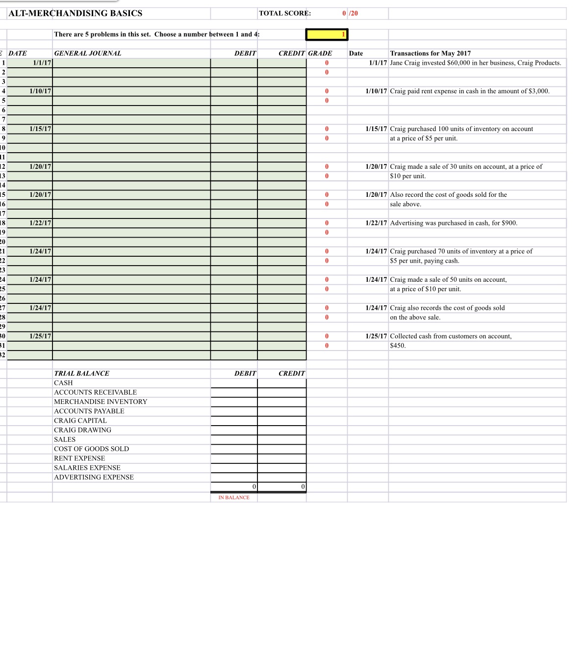 ALT-MERCHANDISING BASICS TOTAL SCORE: 0 /20 There are 5 problems in