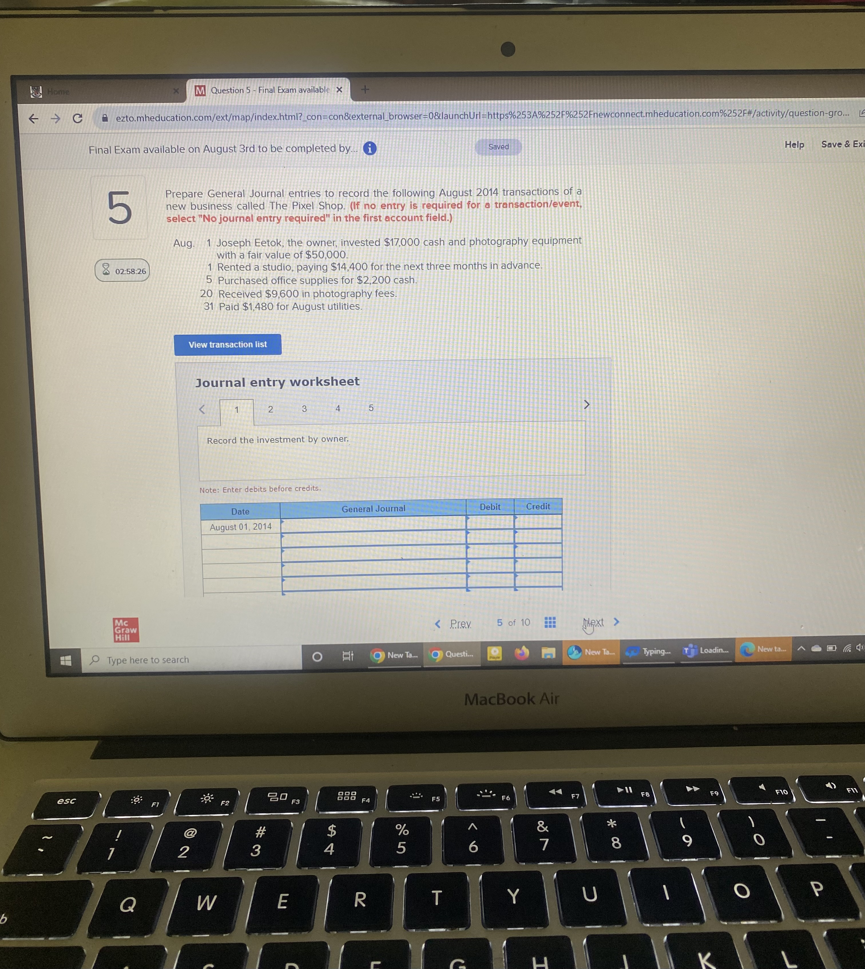 M Question 5 - Final Exam available x -> C ezto.mheducation.com/ext/map/index.html?_con=con&external_browser=08launchUrl=https%253A%252F%252Fnewconnect.mheducation.com%252F#/activity/question-gro.