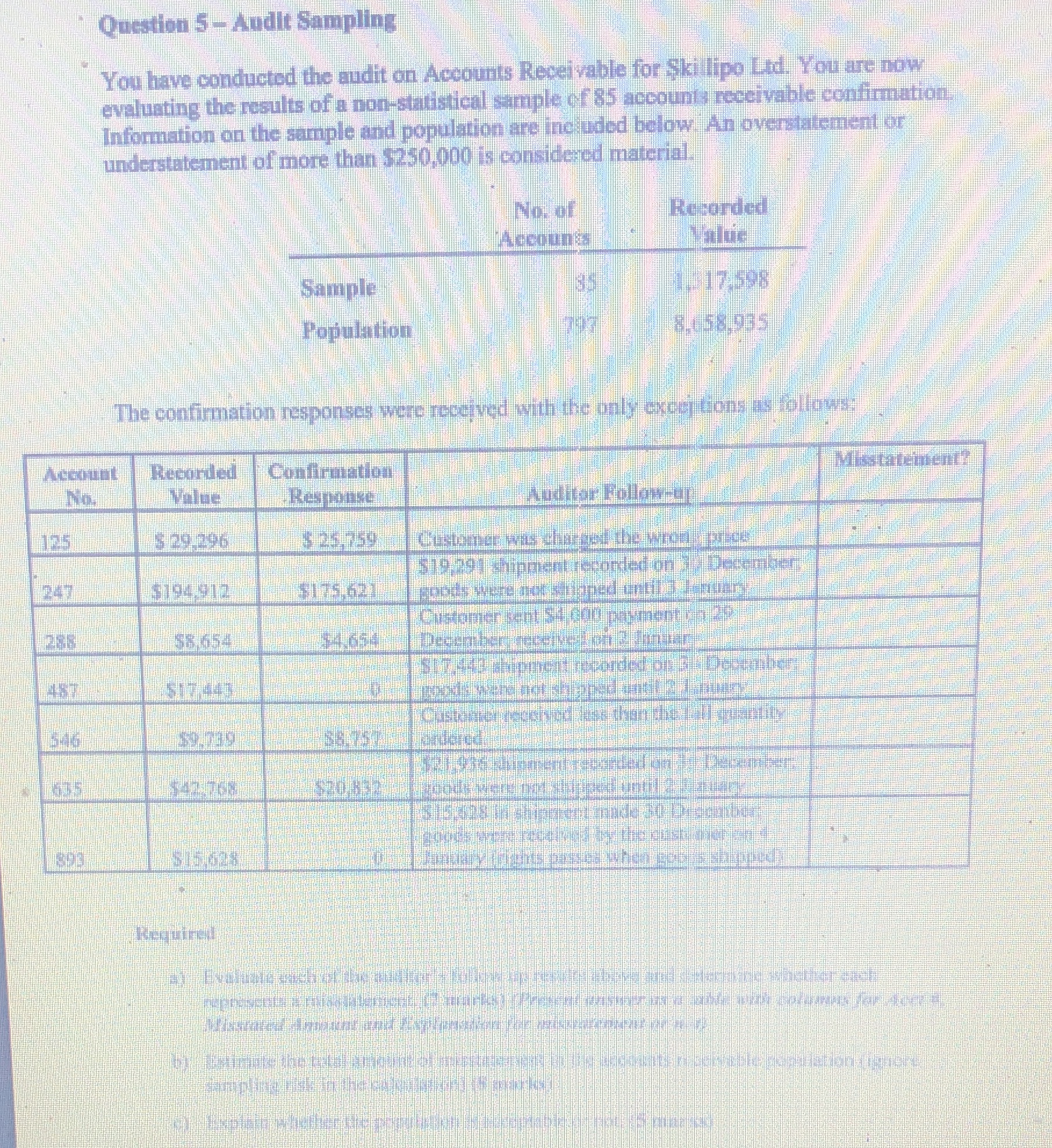 Audit sampling Question 5 - Audit Sampling You have conducted the audit