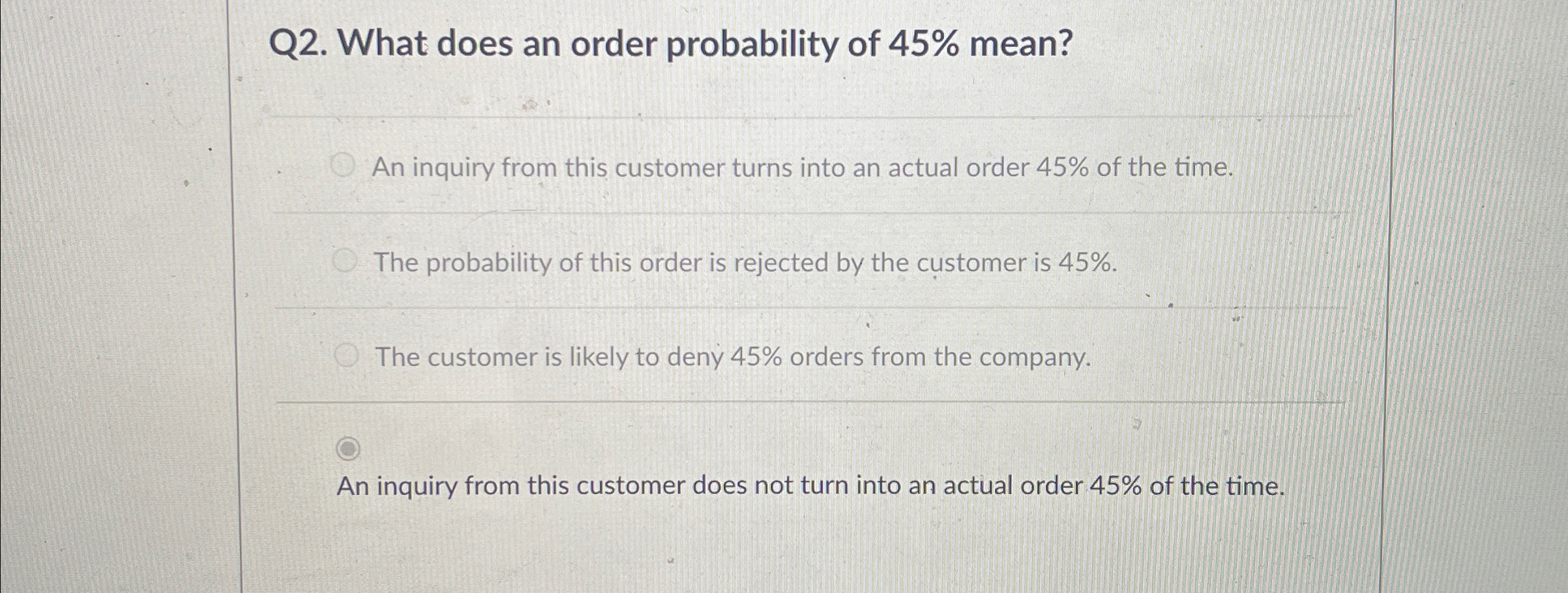  Q2. What does an order probability of 45% mean? An inquiry