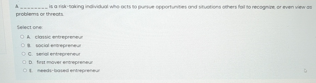  A q, is a risk-taking individual who acts to pursue opportunities