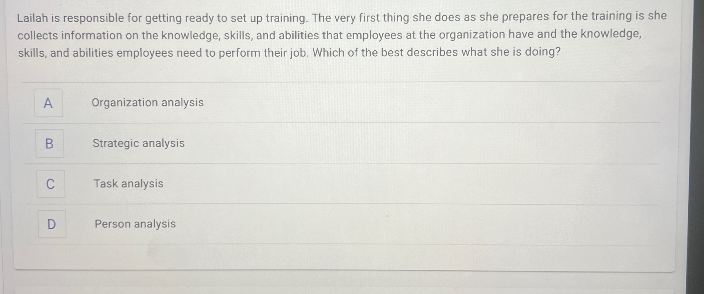  Lailah is responsible for getting ready to set up training. The