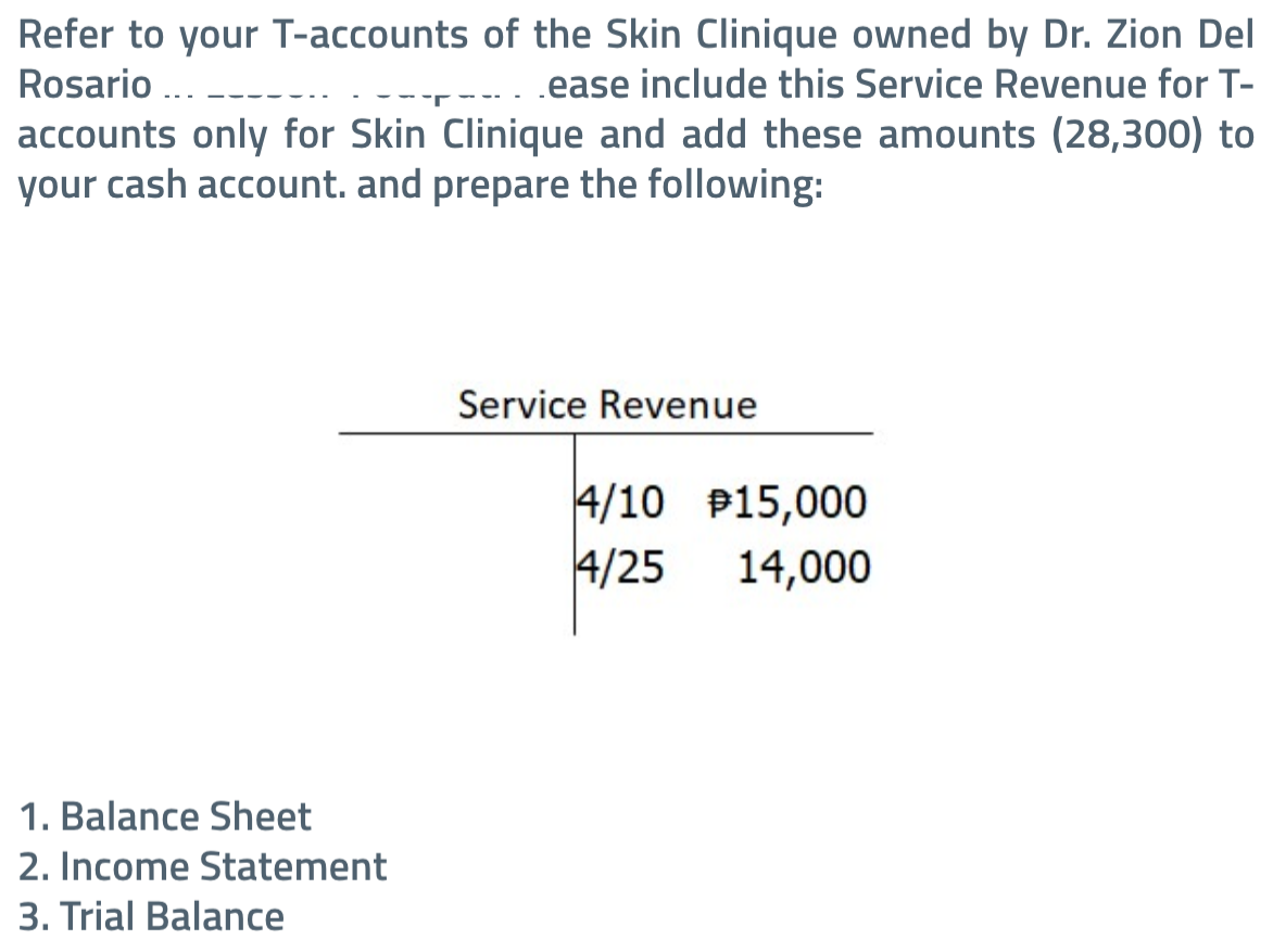 Skin Clinique owned by Dr. Zion Del Rosario. Journalize the transactions and