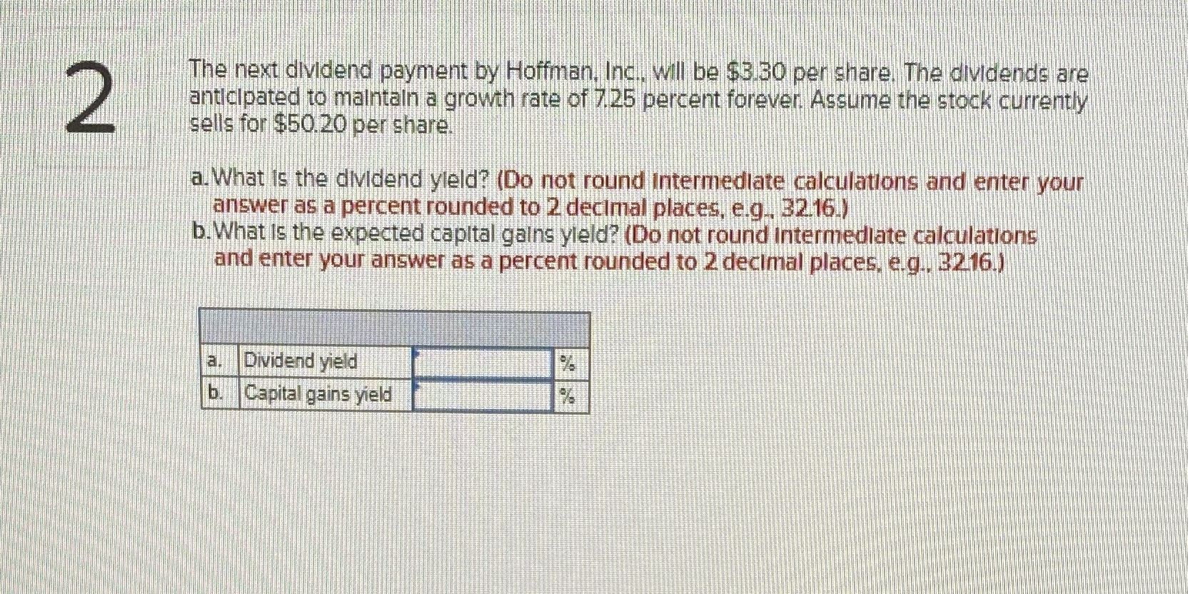 2 The next dividend payment by Hoffman. Inc., will be $3.30