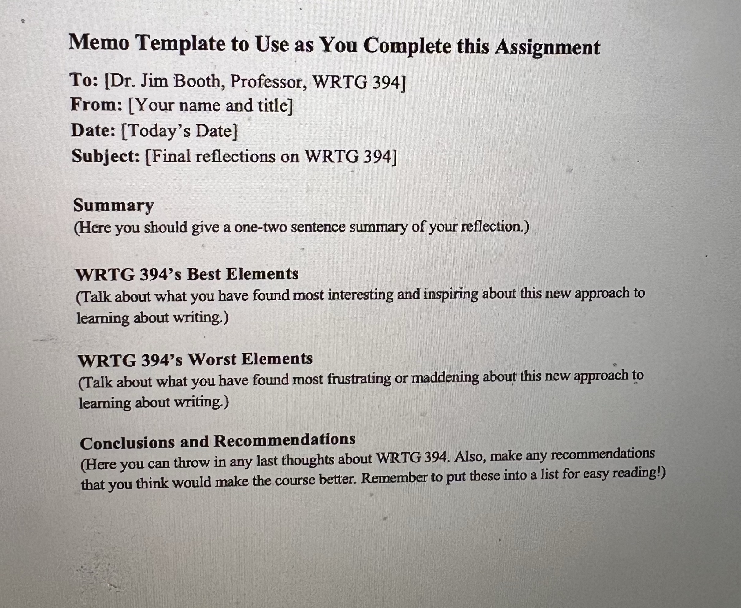 I have an assignment which is called a Final Reflection on Your