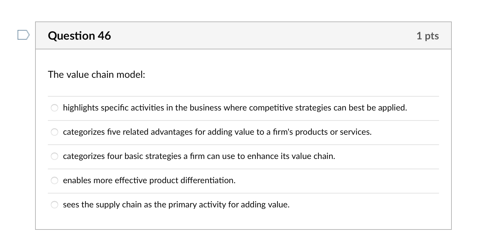  Question 46 The value chain model: highlights specific activities in the
