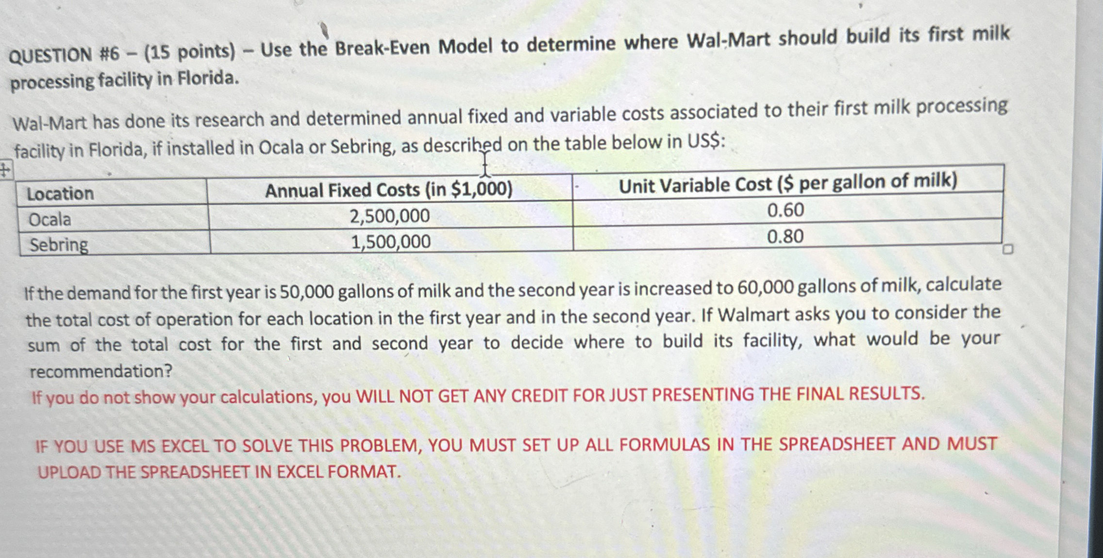  QUESTION #6-(15 points)- Use the Break-Even Model to determine where Wal-Mart