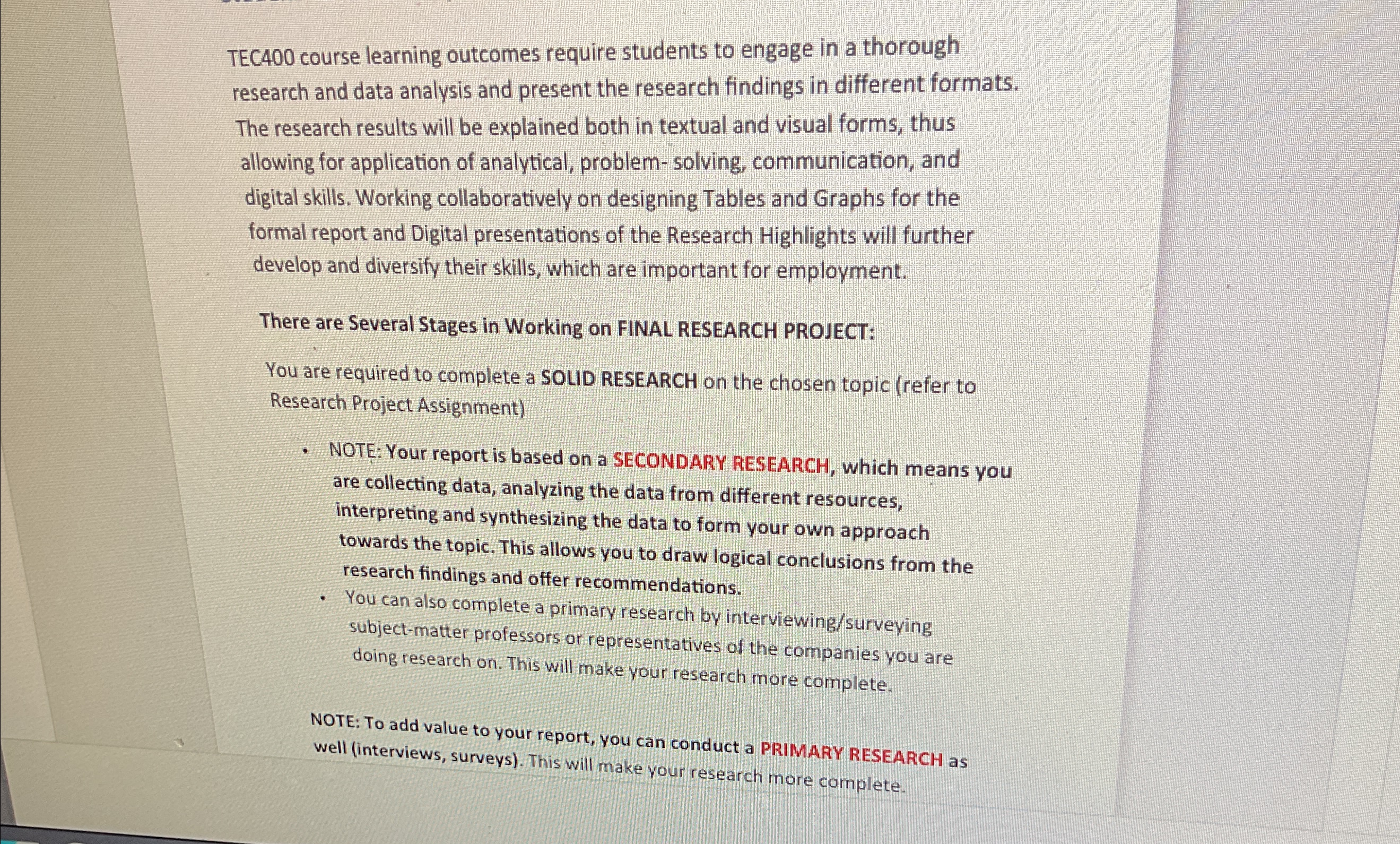  TEC400 course learning outcomes require students to engage in a thorough