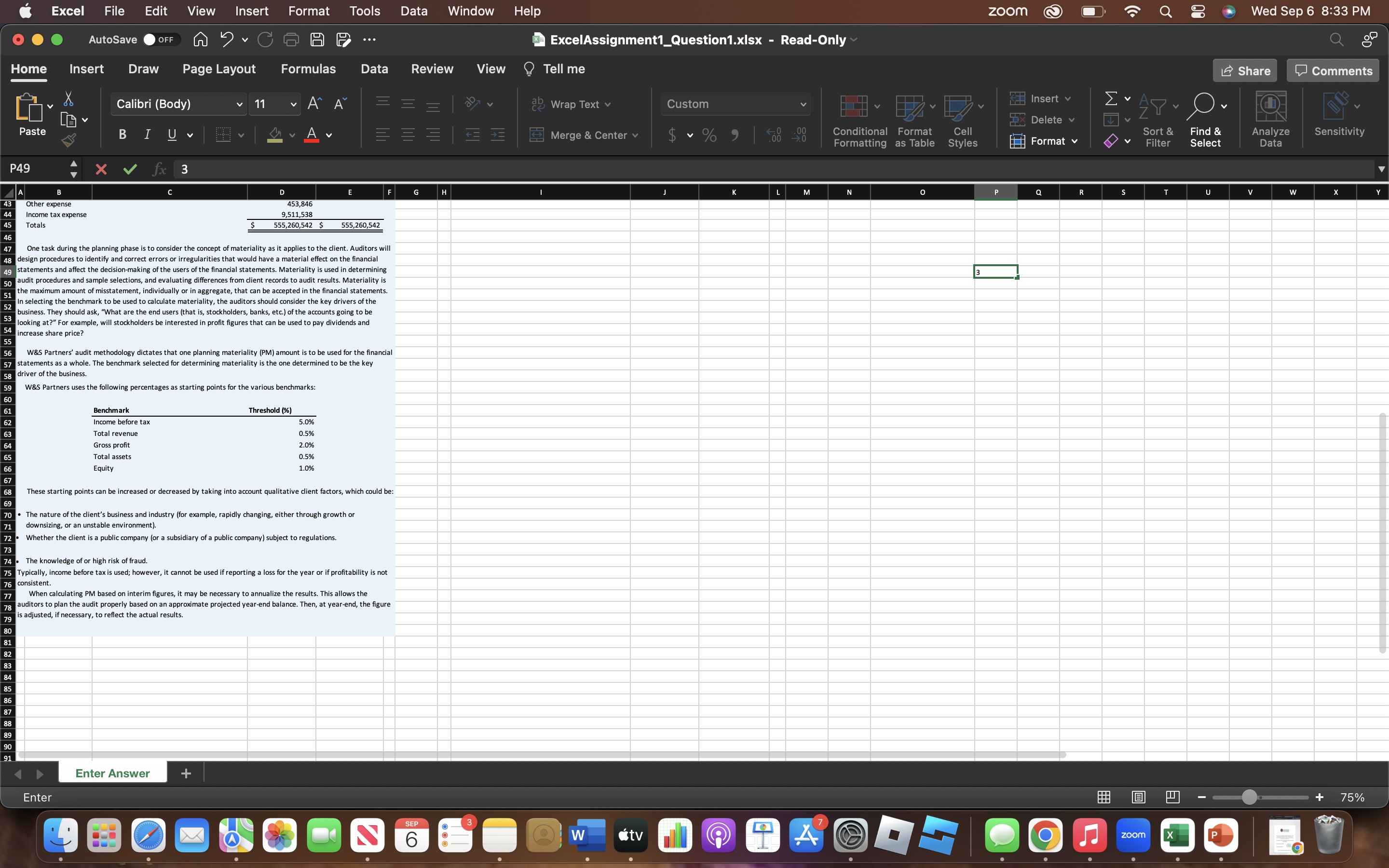 Q 8 8 Wed Sep 6 8:33 PM AutoSave OFF ExcelAssignment1_Question1.xIsx -