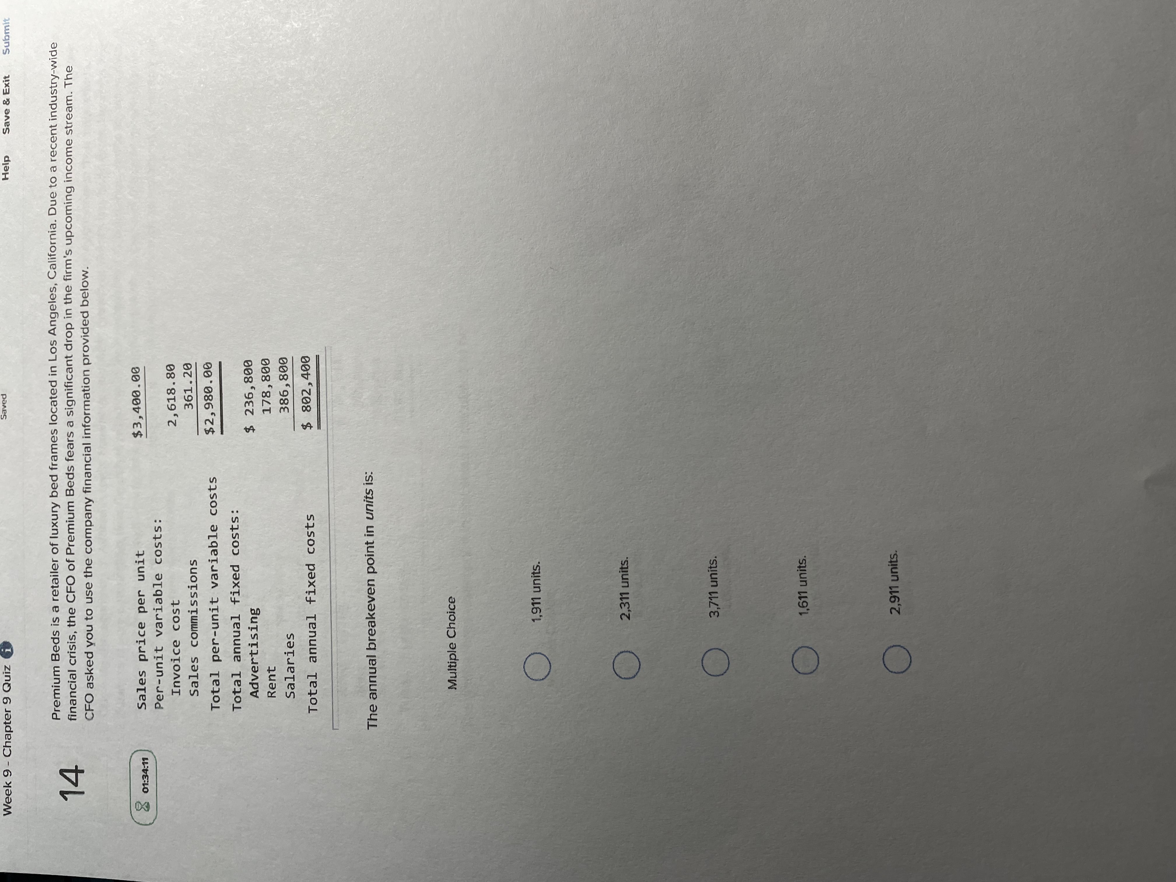 Week 9 - Chapter 9 Quiz i Help Save & Exit