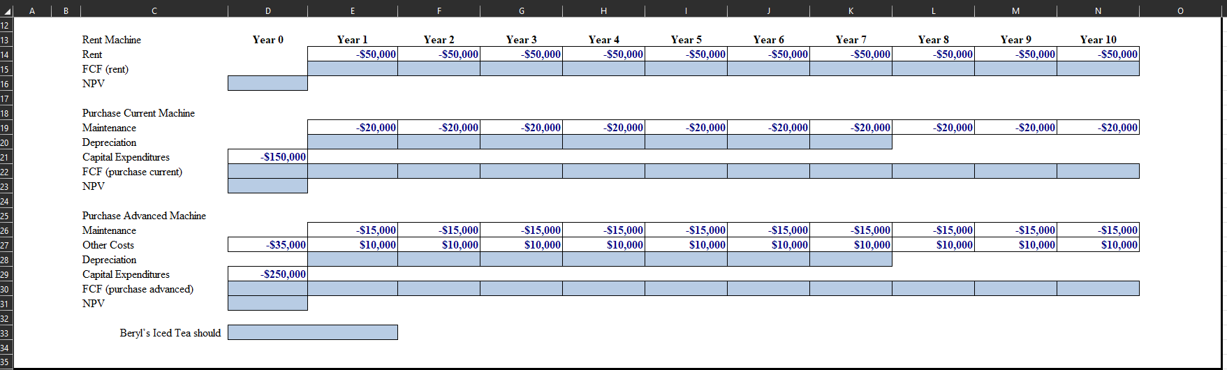 B D G H M N O Rent Machine Year 0