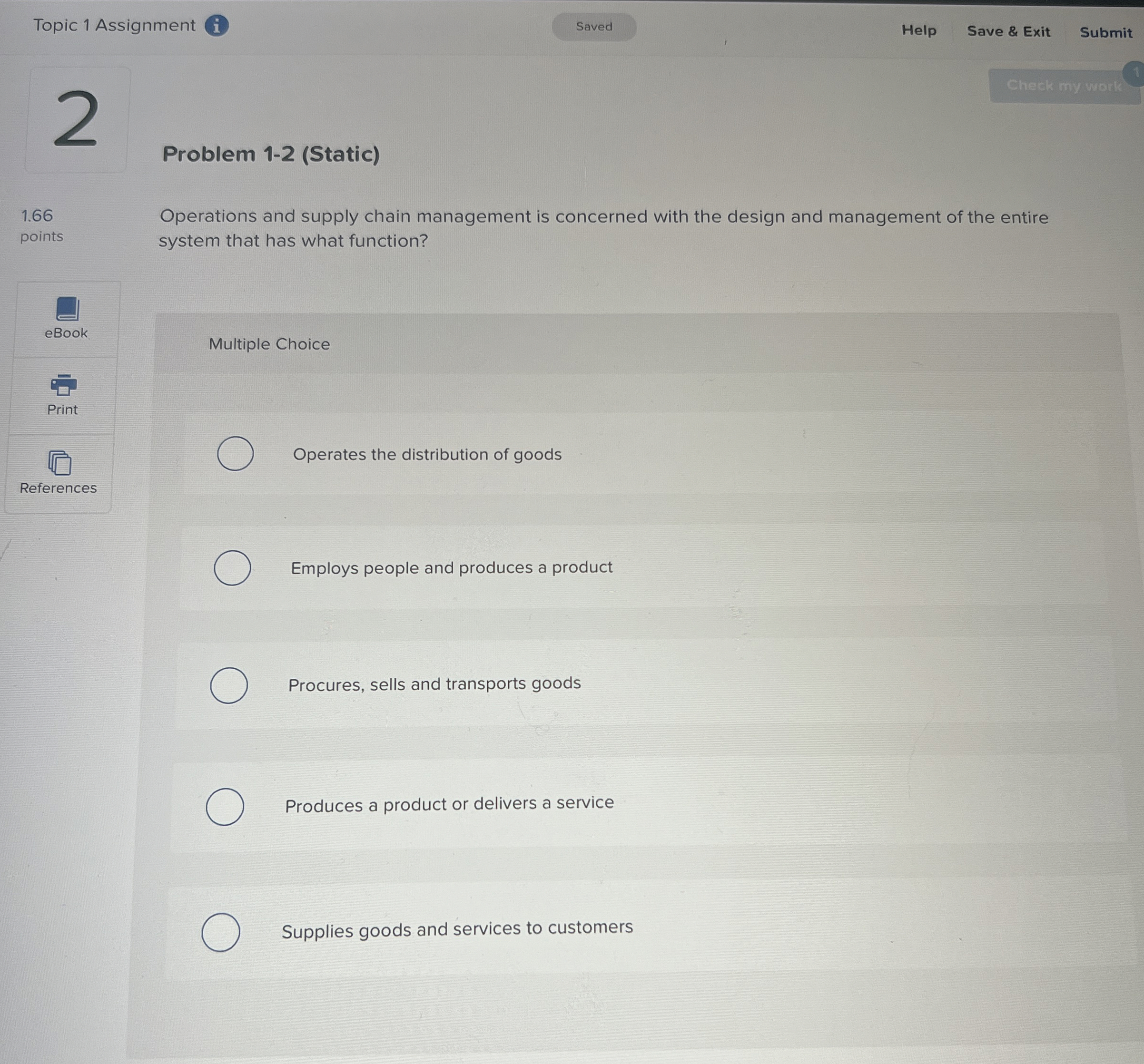  Topic 1 Assignment i Help Save & Exit Submit Problem 1-2(Static)
