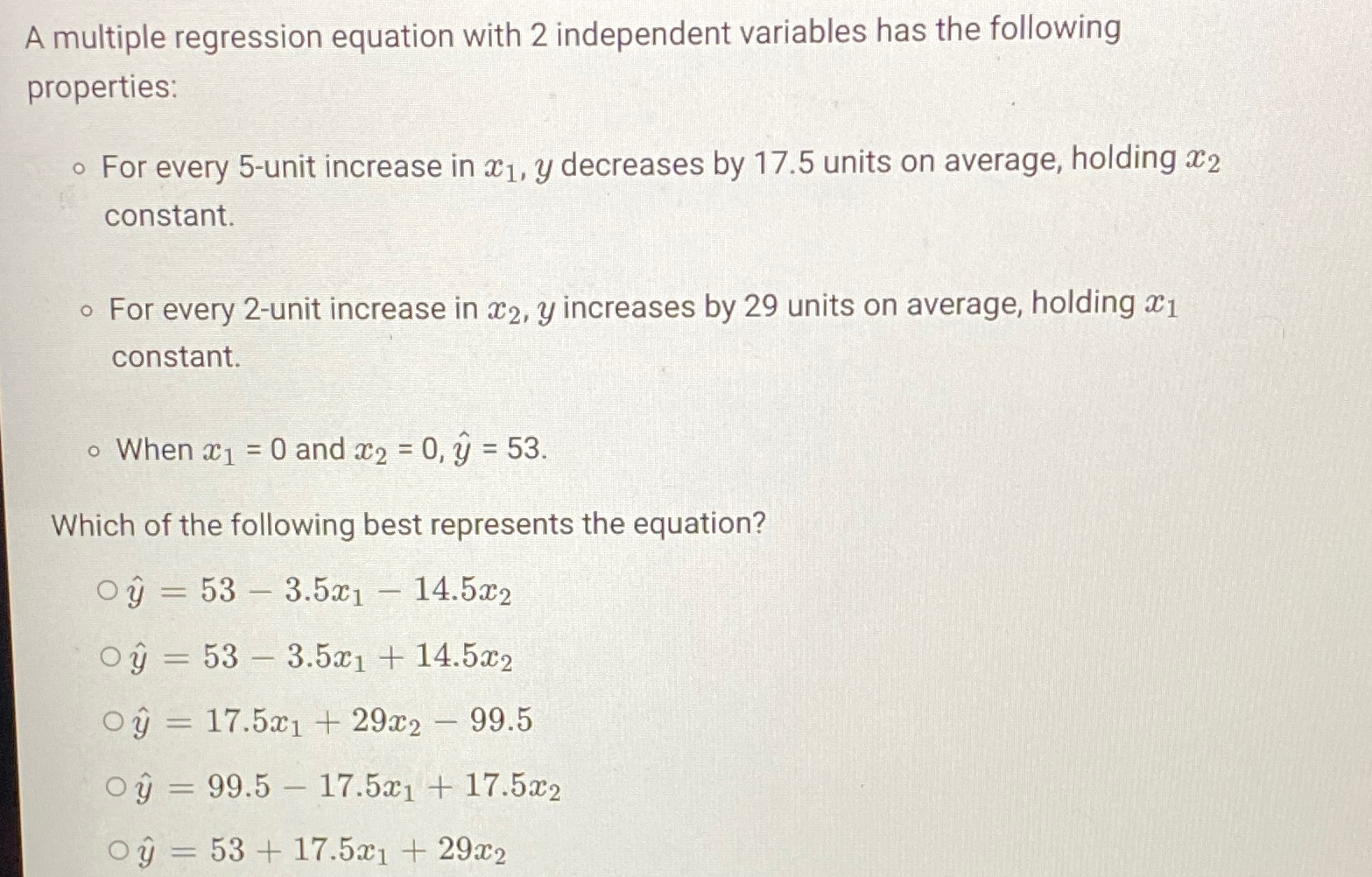 A multiple regression equation with 2 independent variables has the following