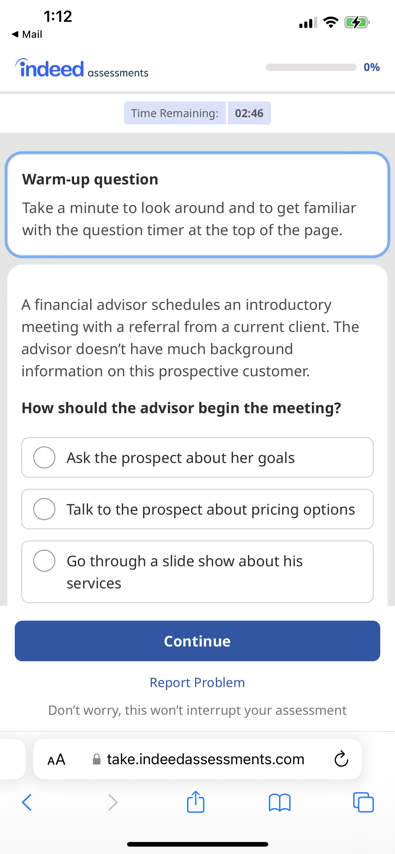  1:12 Mail indeed assessments 0% Time Remaining: Warm-up question Take a