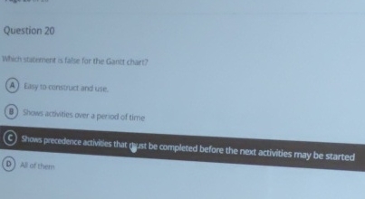 Question 20 Which statenert a false for the Gants chart? Euy