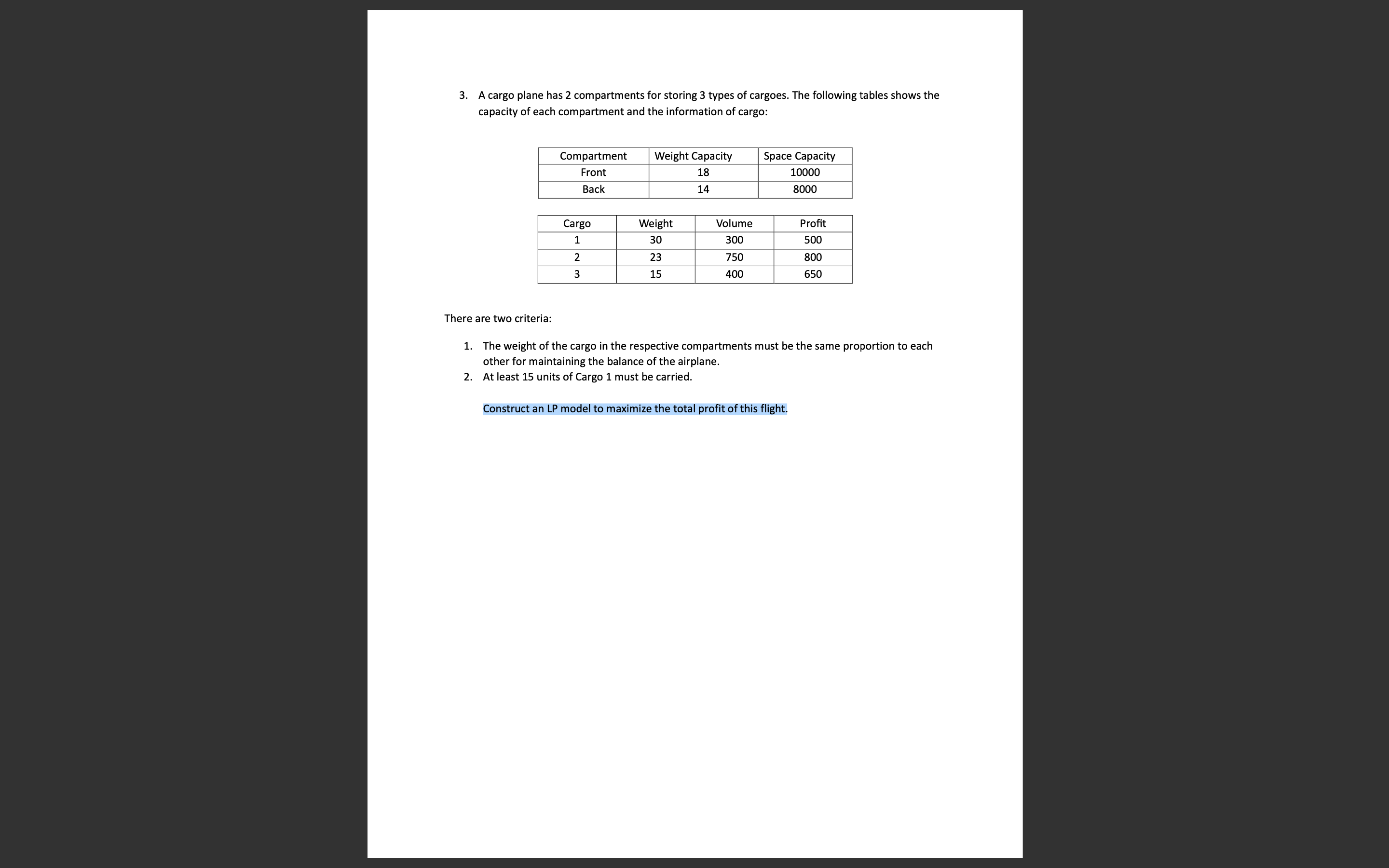  A cargo plane has 2 compartments for storing 3 types of