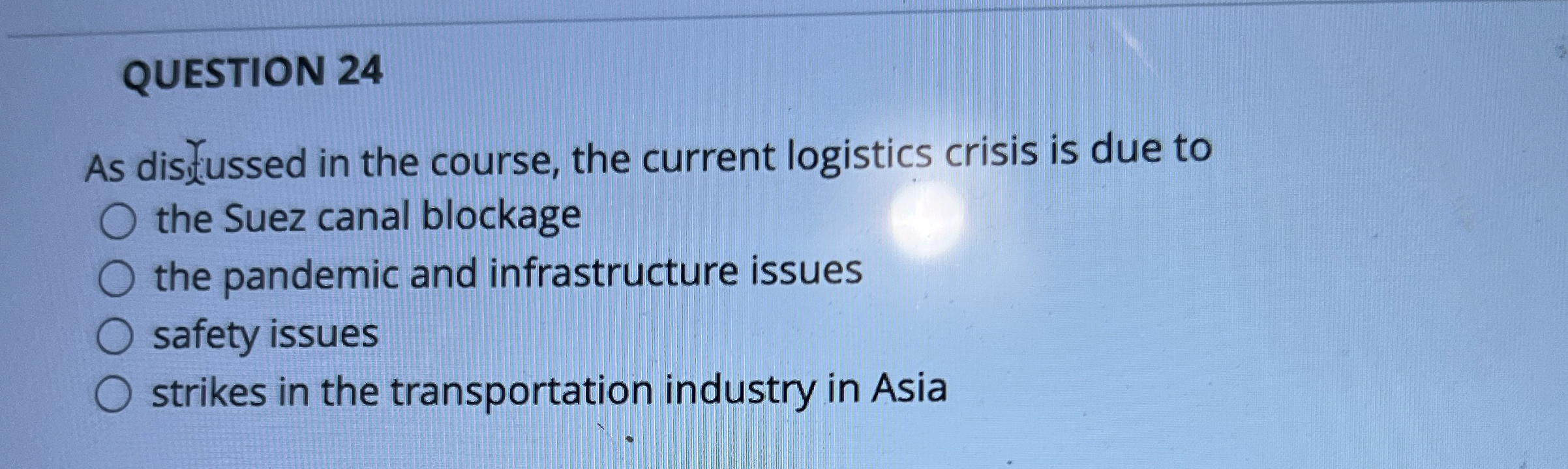  QUESTION 24 As discysed in the course, the current logistics crisis