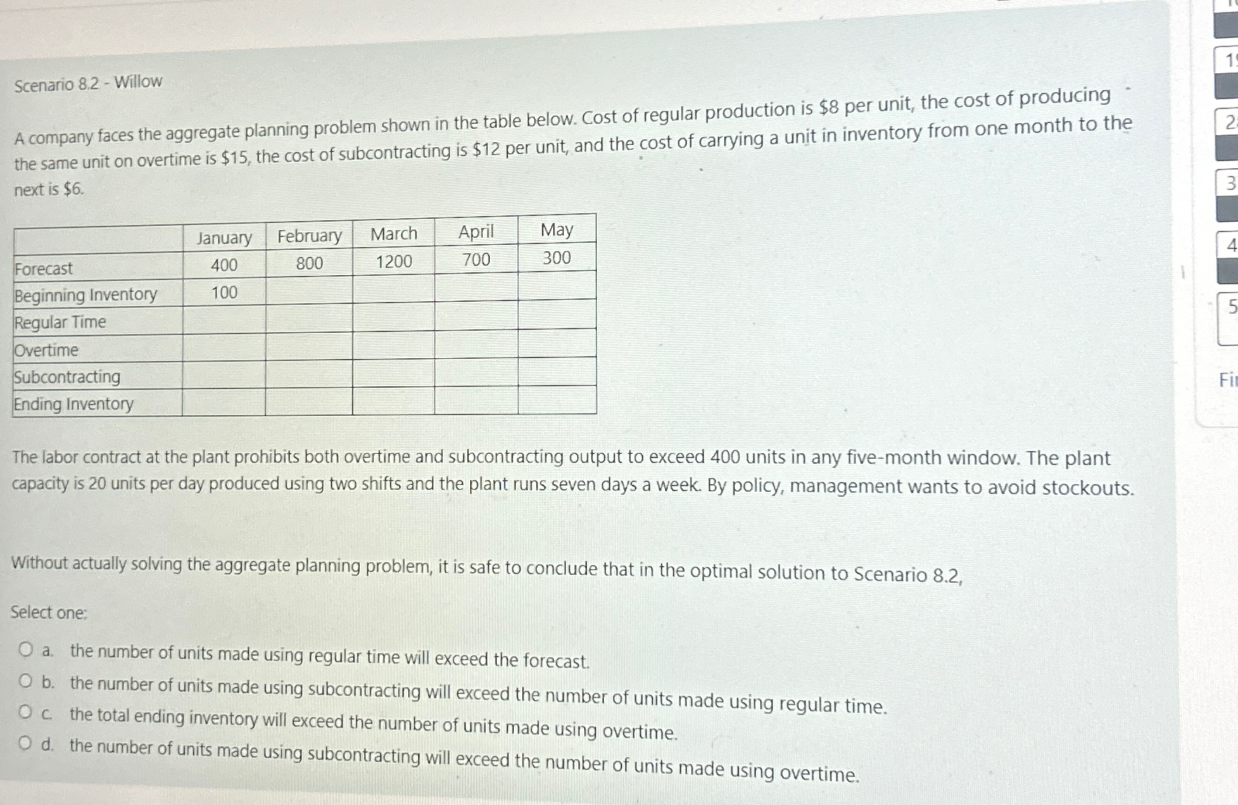  Scenario 8.2- Willow A company faces the aggregate planning problem shown