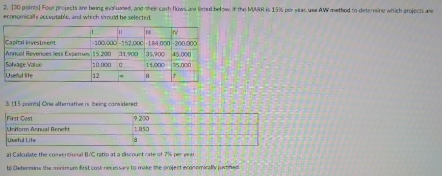 please help 2. [30 points] Four projects are being evaluated, and their