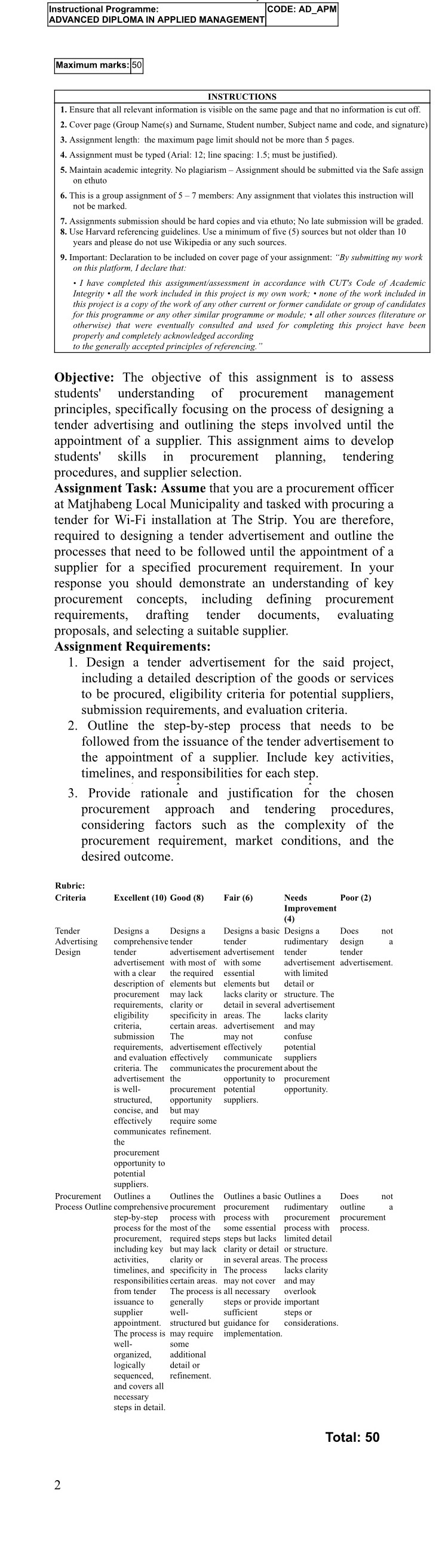 \table[[Instructional Programme:,CODE: AD_APM],[ADVANCED DIPLOMA IN APPLIED MANAGEMENT,]] Maximum marks: 50 \table[[INSTRUCTIONS],[1.