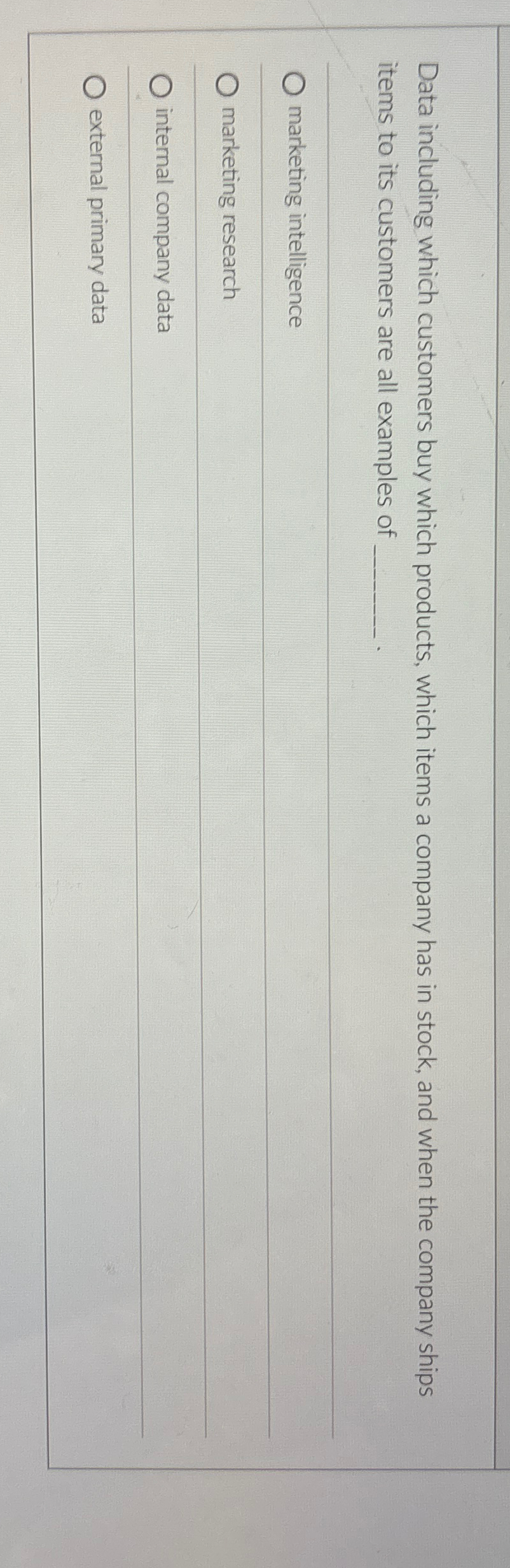  Data including which customers buy which products, which items a company