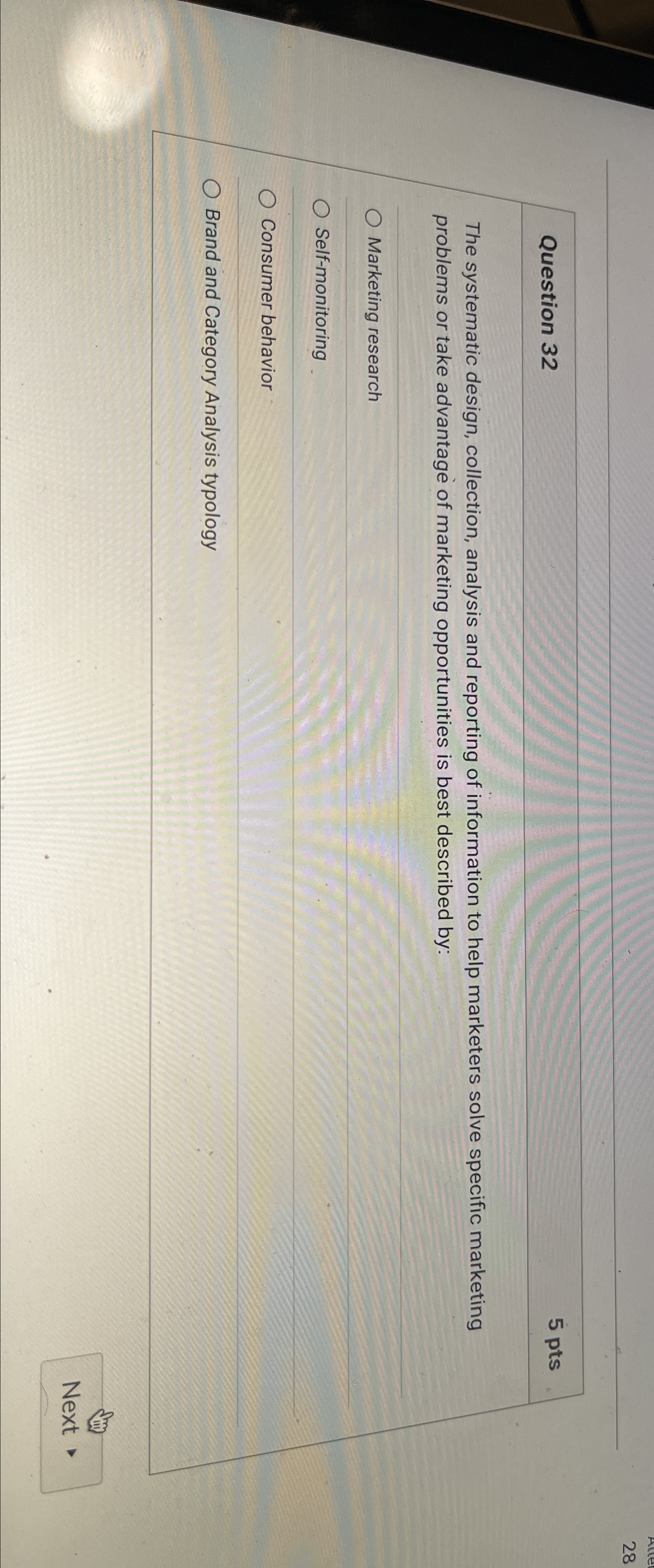  Question 32 5 pts The systematic design, collection, analysis and reporting