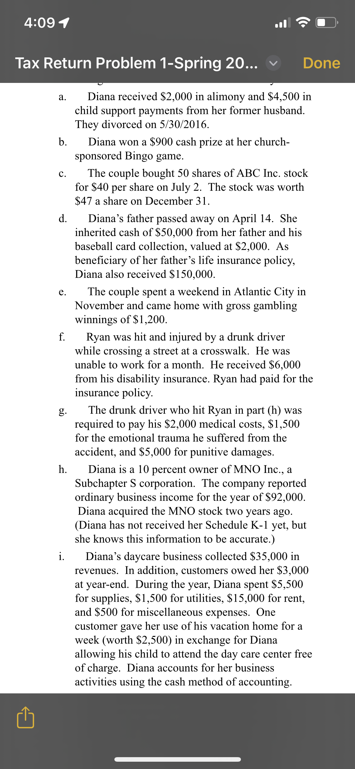  4:09 4 Tax Return Problem 1-Spring 20... a. Diana received $2,000