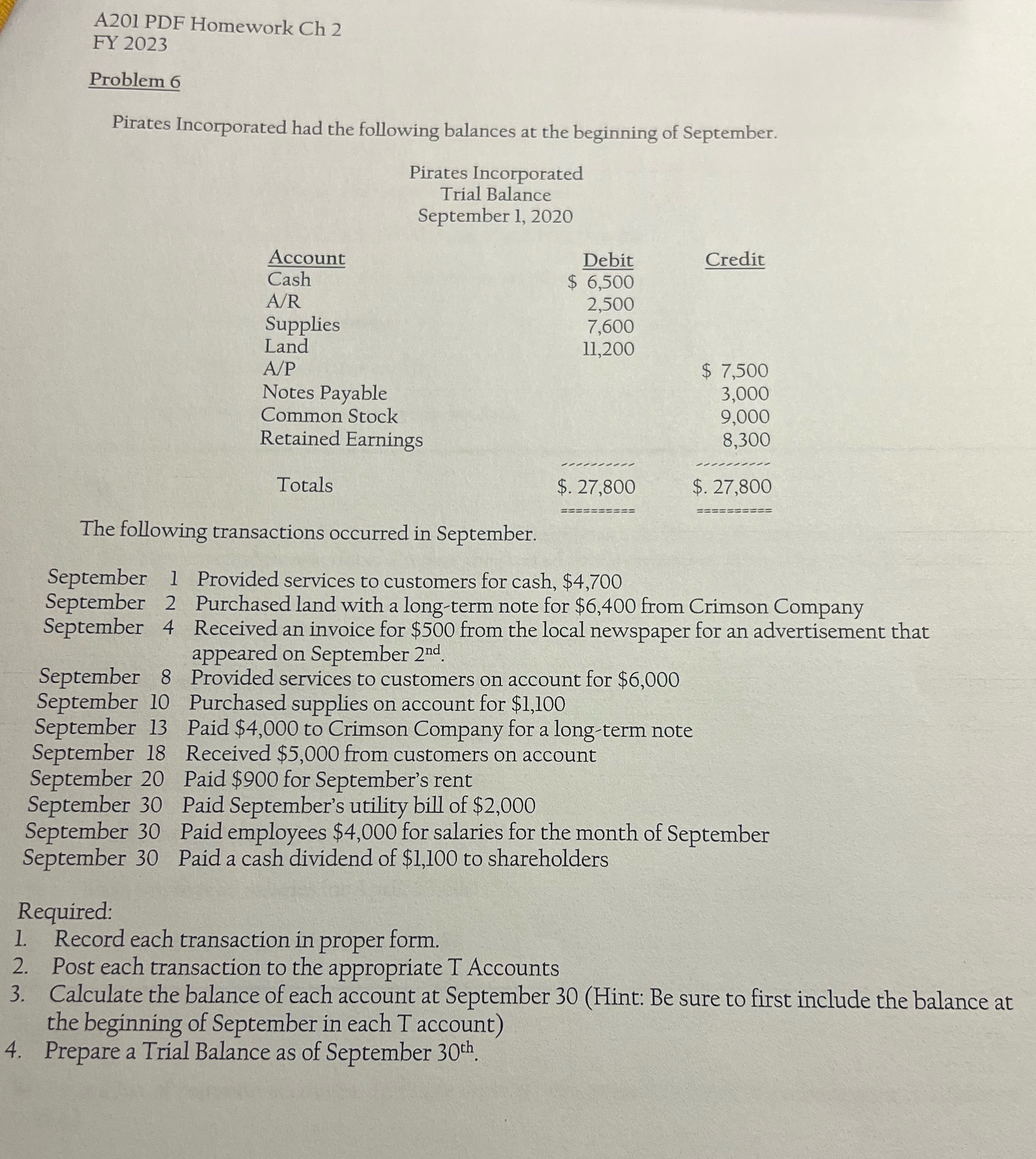  A201 PDF Homework Ch 2 FY 2023 Problem 6 Pirates Incorporated