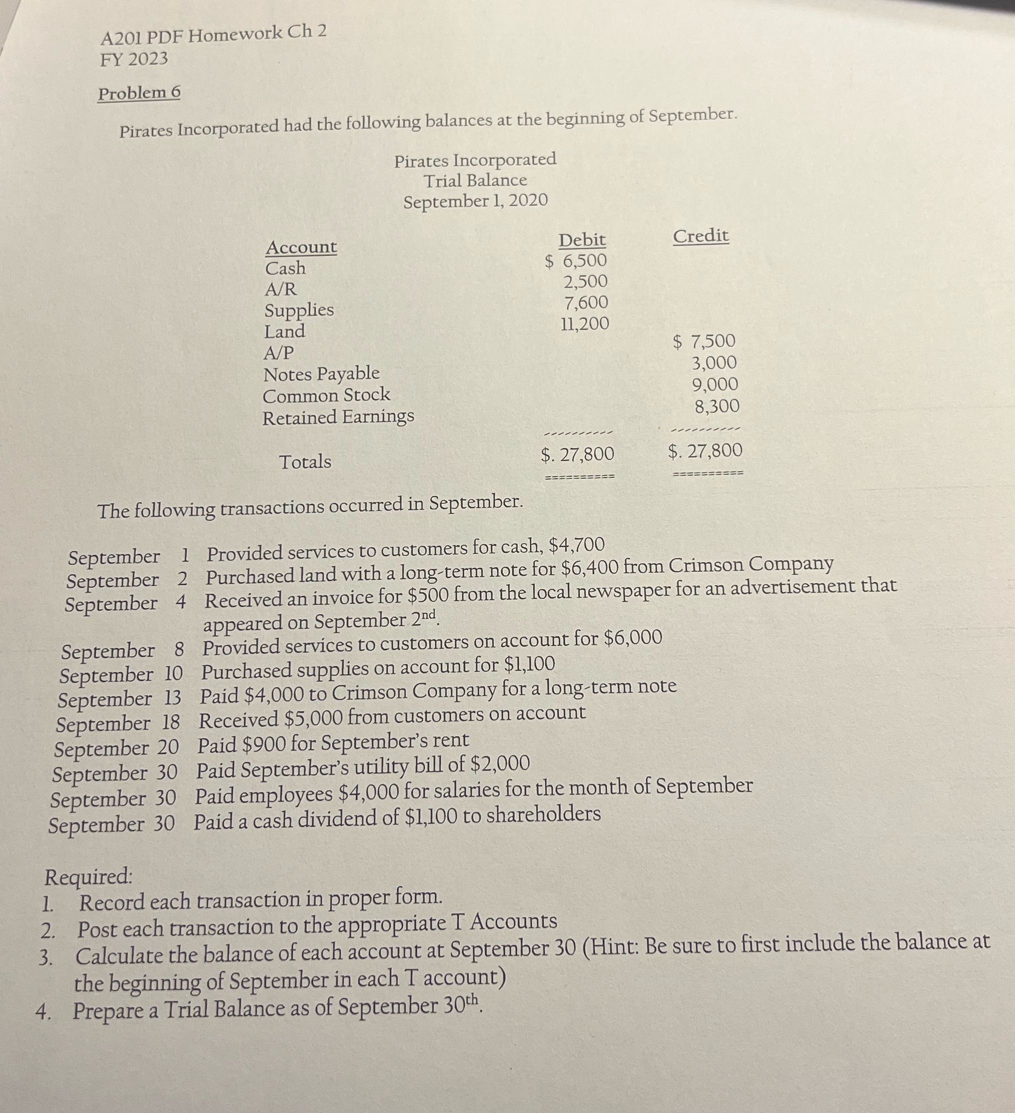  A201 PDF Homework Ch 2 FY 2023 Problem 6 Pirates Incorporated