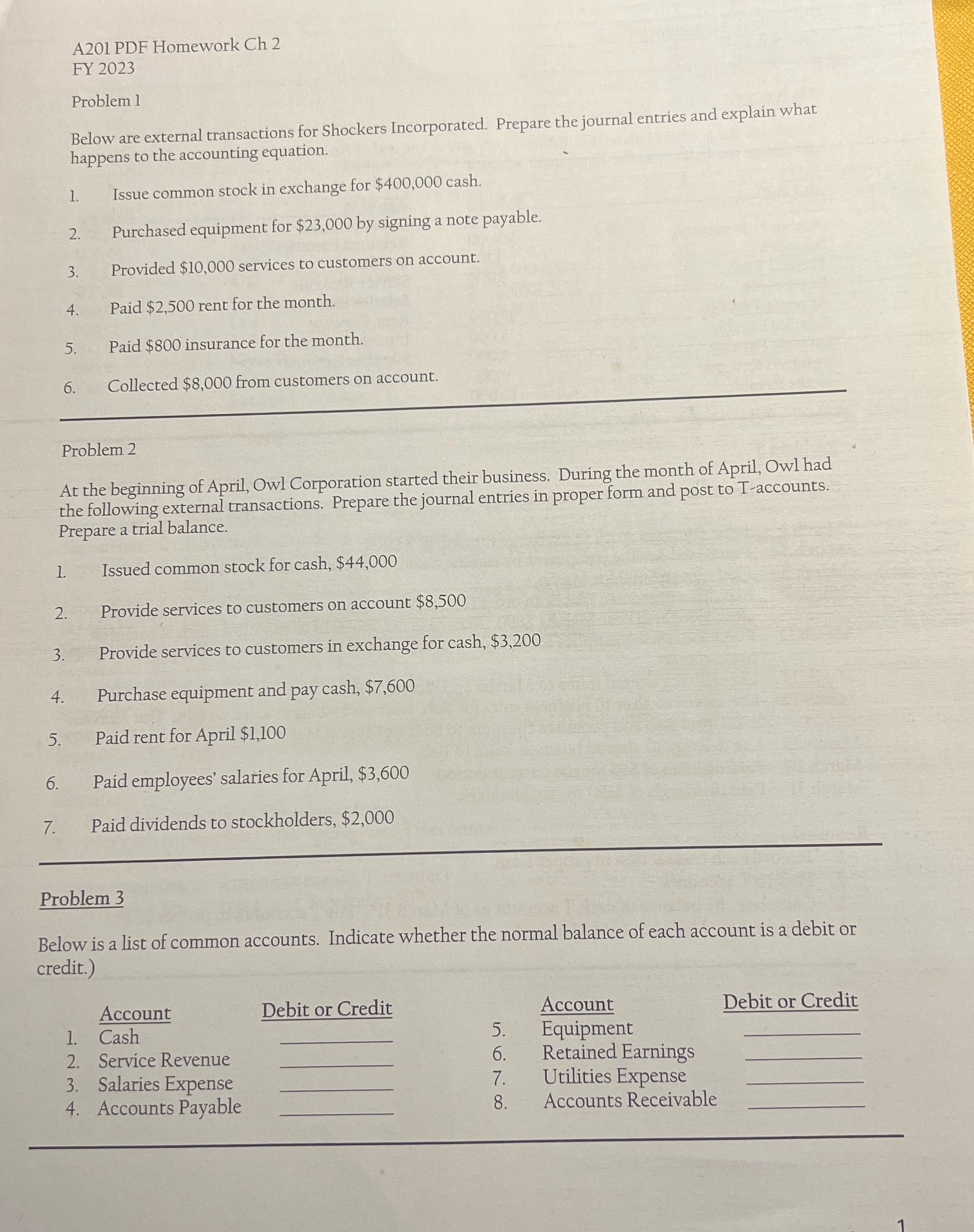  A201 PDF Homework Ch 2 FY 2023 Problem 1 Below are