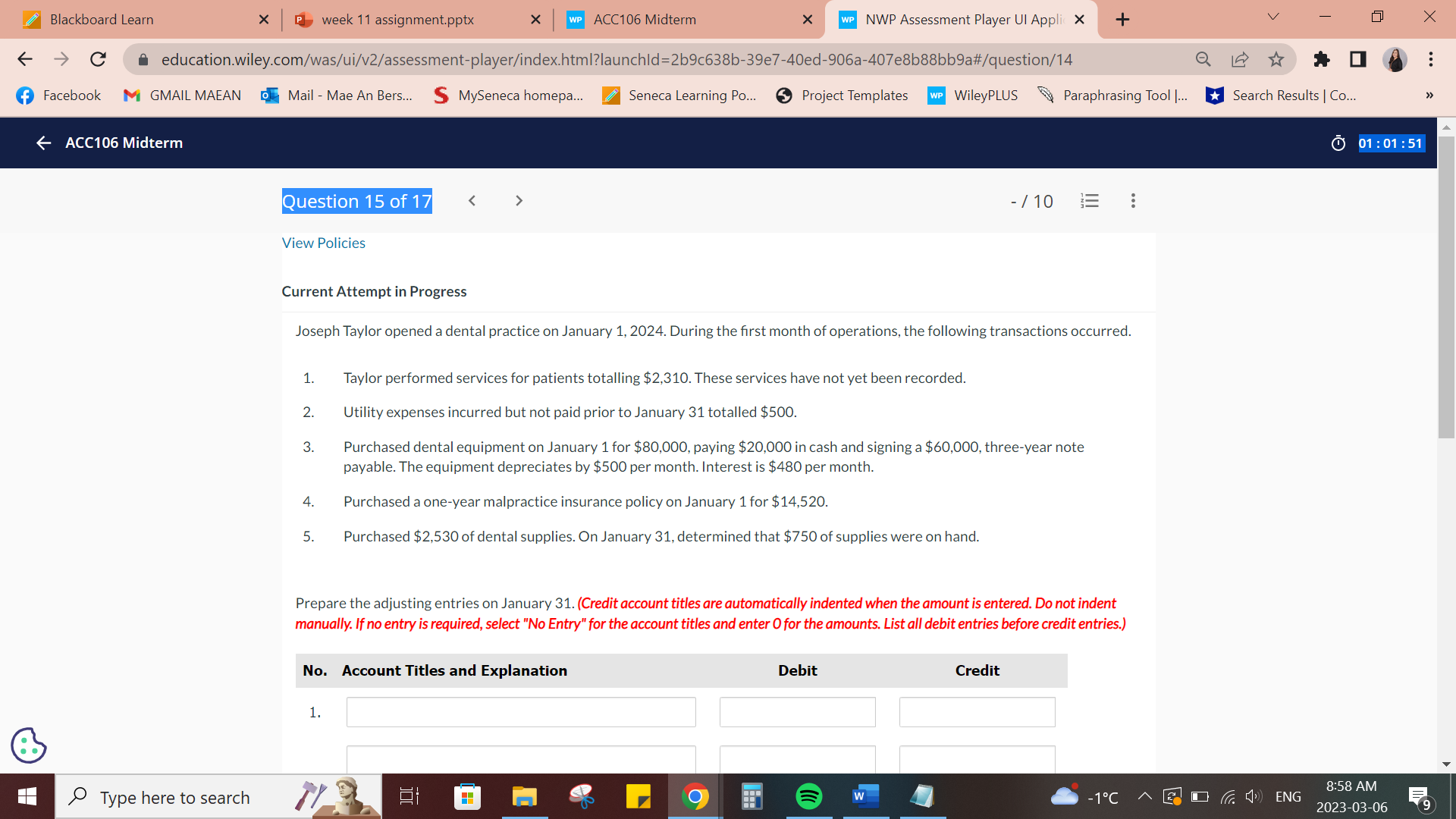Blackboard Learn X P week 11 assignment.pptx X WP ACC106 Midterm