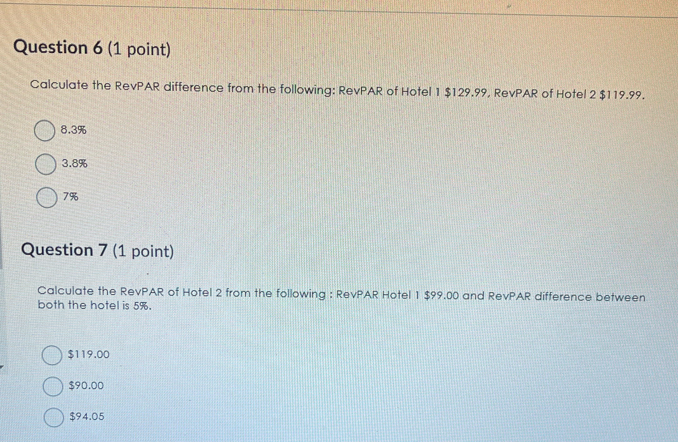 Question 6 (1 point) Calculate the RevPAR difference from the following: